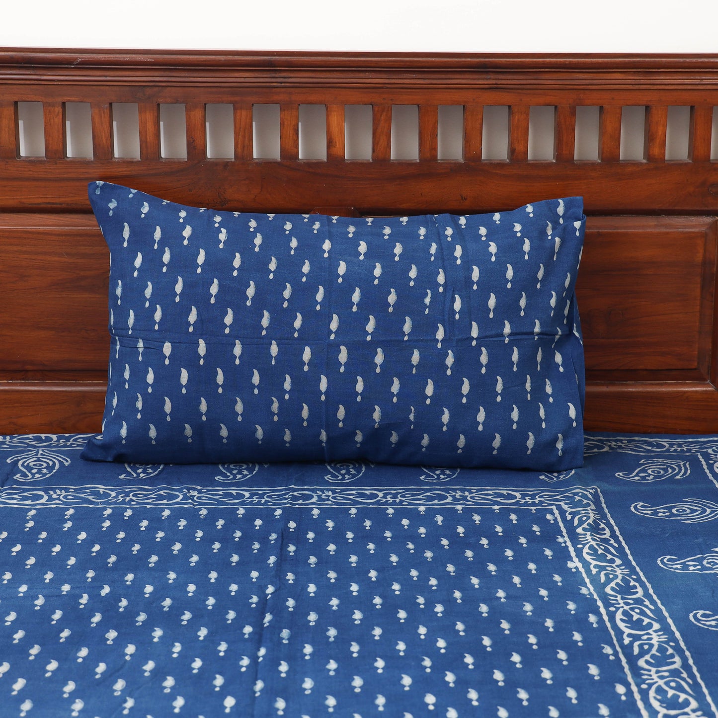 Blue - Hand Block Print Jhiri Pure Handloom Natural Dyed Cotton Single Akola Bedsheet Set (90 x 60 in) 03