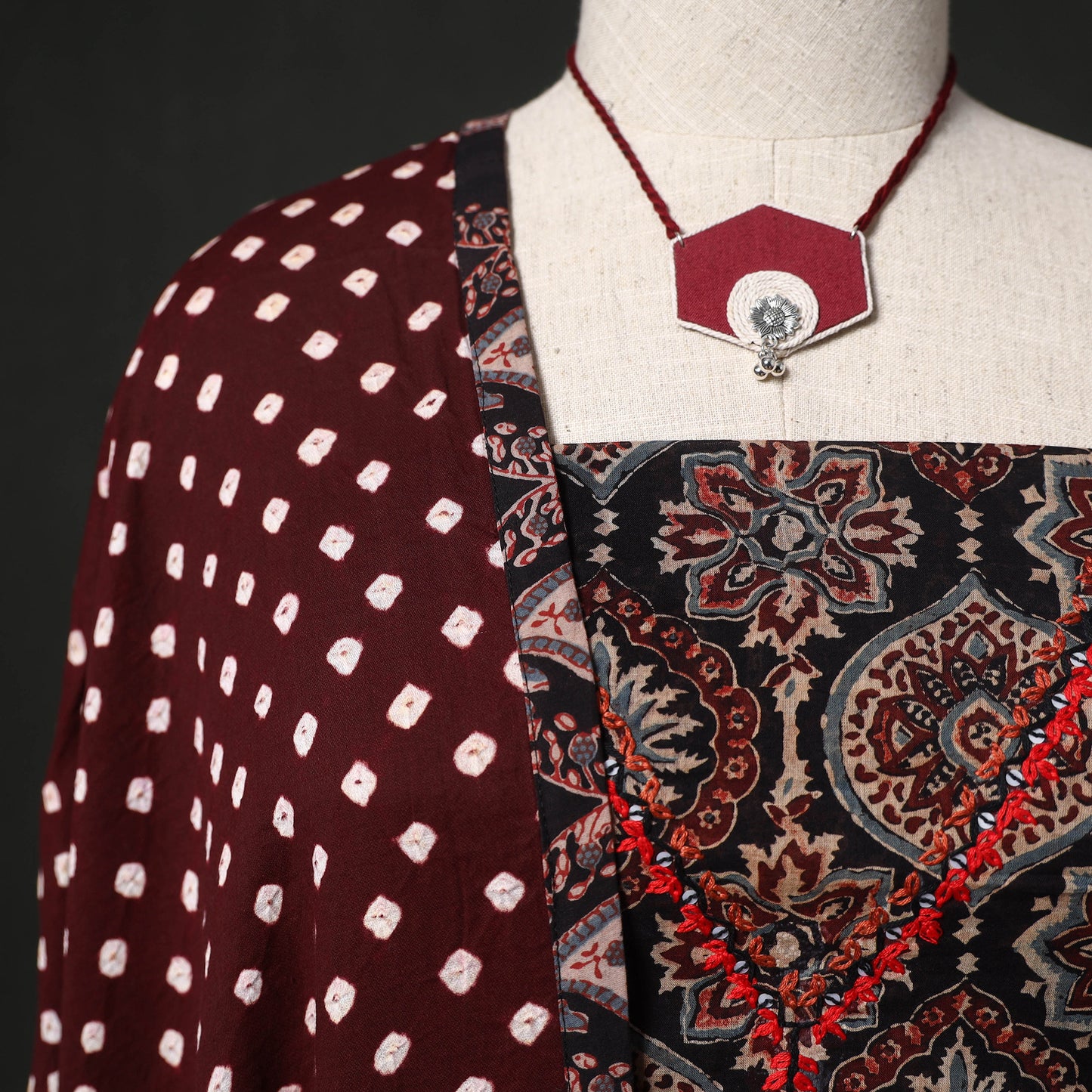 Hand Embroidered Ajrakh Block Print Cotton Natural Dyed 2pc Unstitched Dress Material Kurta Set with Jewellery 07