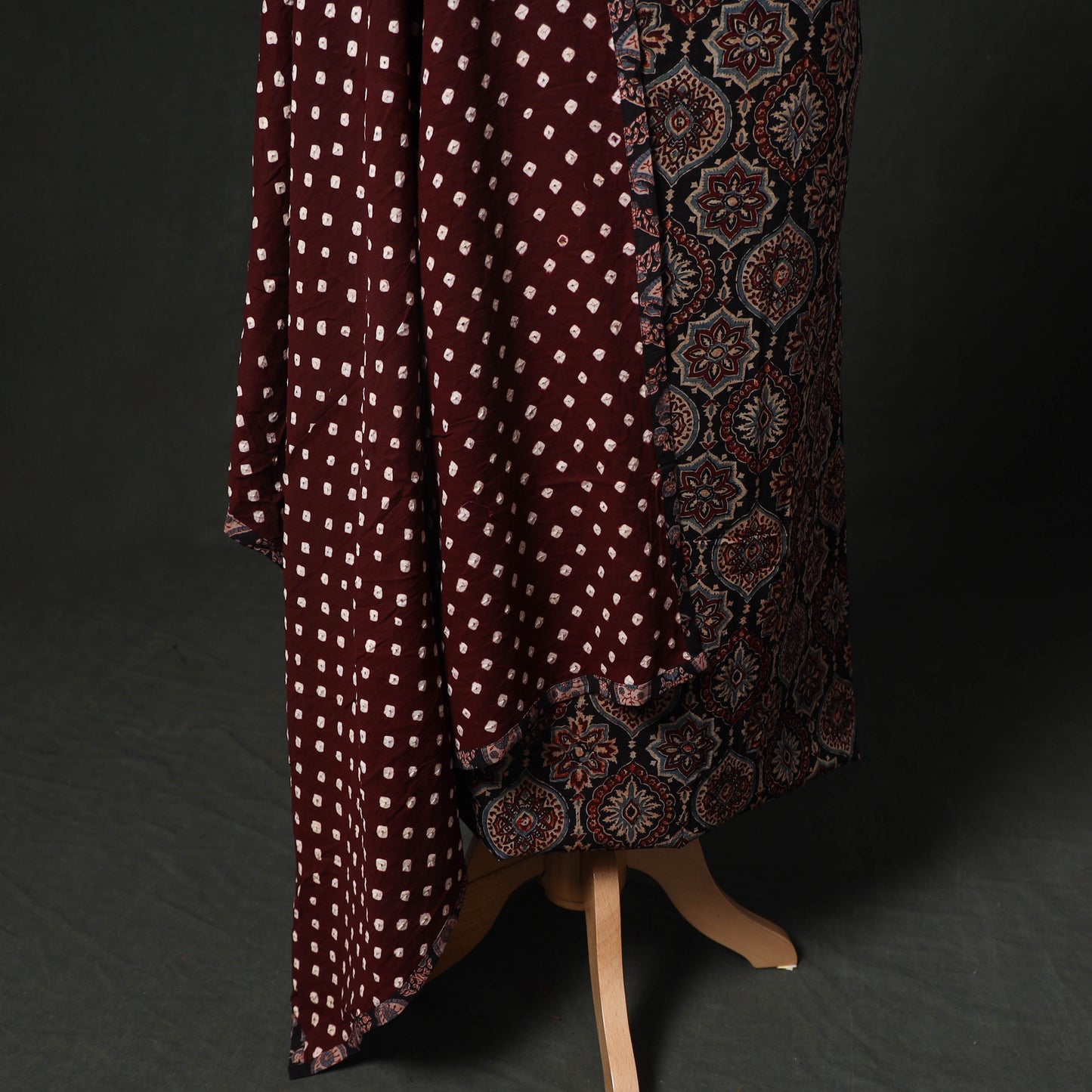 Hand Embroidered Ajrakh Block Print Cotton Natural Dyed 2pc Unstitched Dress Material Kurta Set with Jewellery 07
