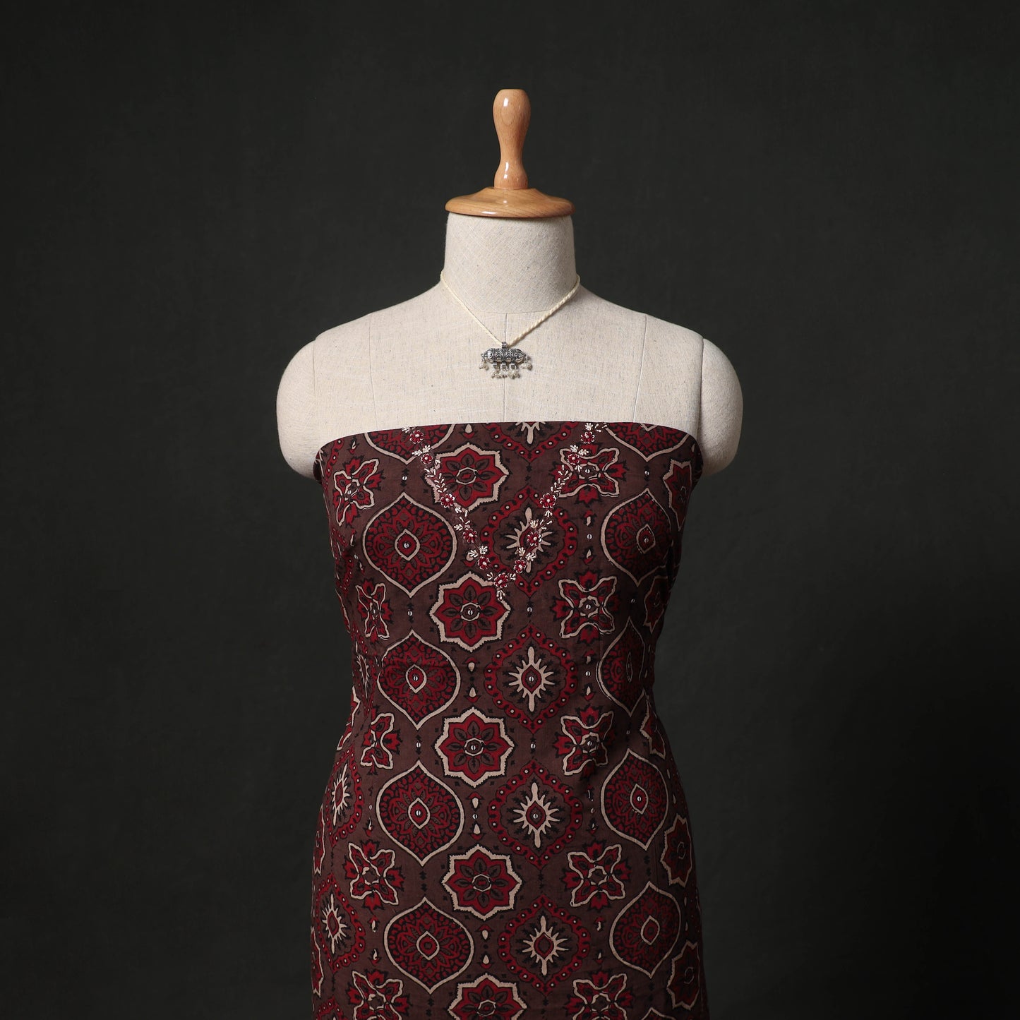 Hand Embroidered Ajrakh Block Print Cotton Natural Dyed 2pc Unstitched Dress Material Kurta Set with Jewellery 08