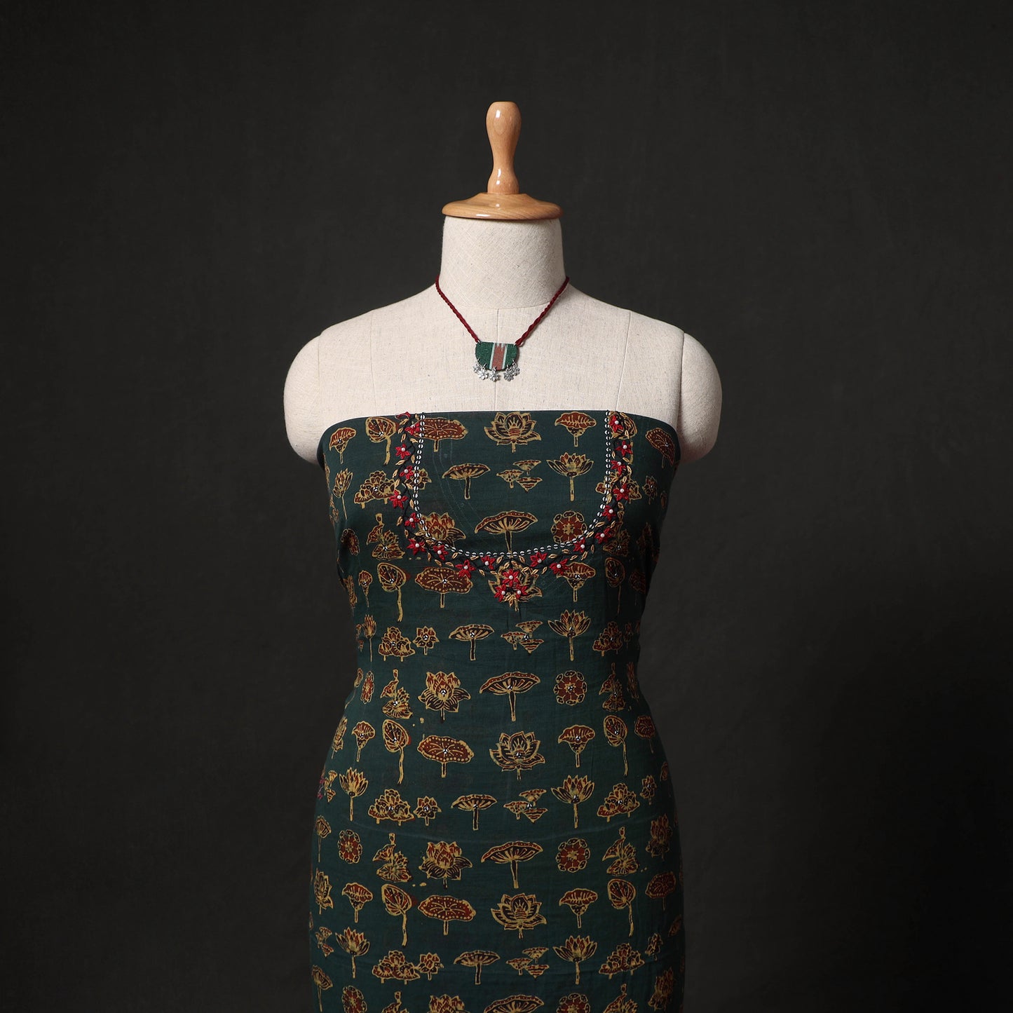 Hand Embroidered Ajrakh Block Print Cotton Natural Dyed 2pc Unstitched Dress Material Kurta Set with Jewellery 09