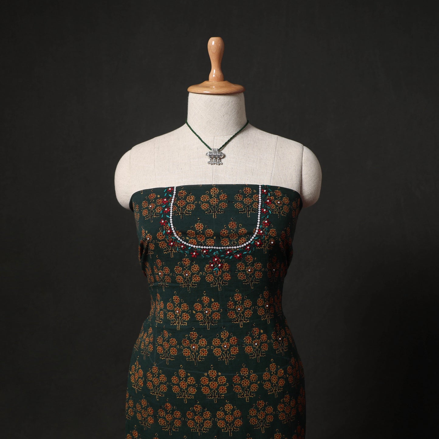 Hand Embroidered Ajrakh Block Print Cotton Natural Dyed 2pc Unstitched Dress Material Kurta Set with Jewellery 10