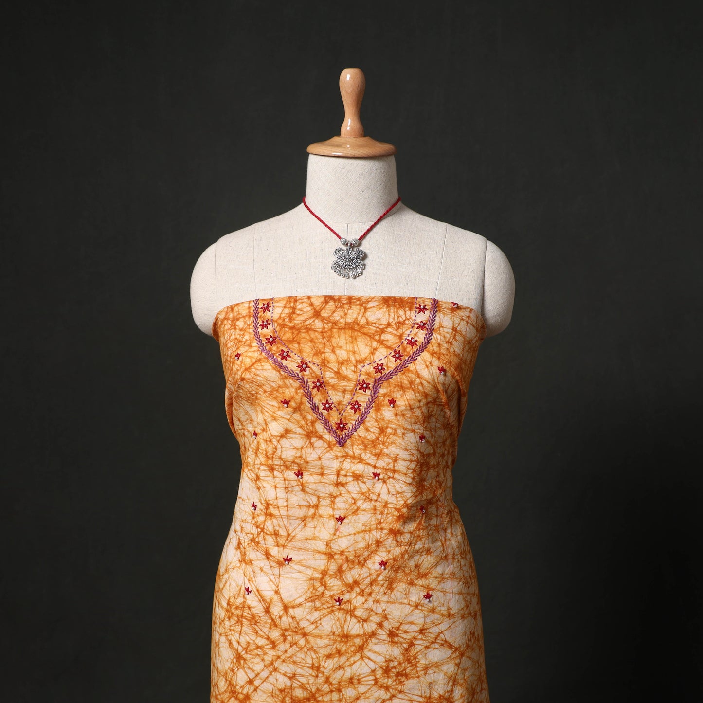 Hand Embroidered Batik Block Print Cotton 2pc Unstitched Dress Material Kurta Set with Jewellery 11