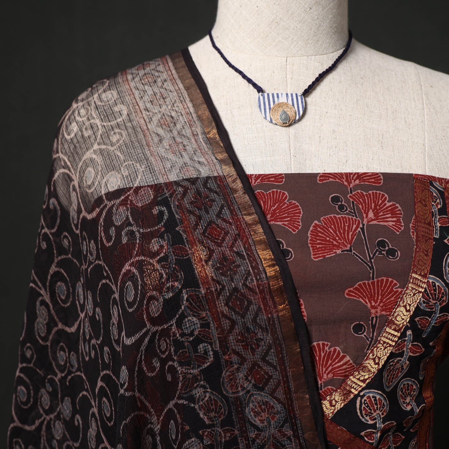 Ajrakh Hand Block Print Cotton Natural Dyed Patchwork 2pc Unstitched Dress Material Kurta Set with Jewellery 12