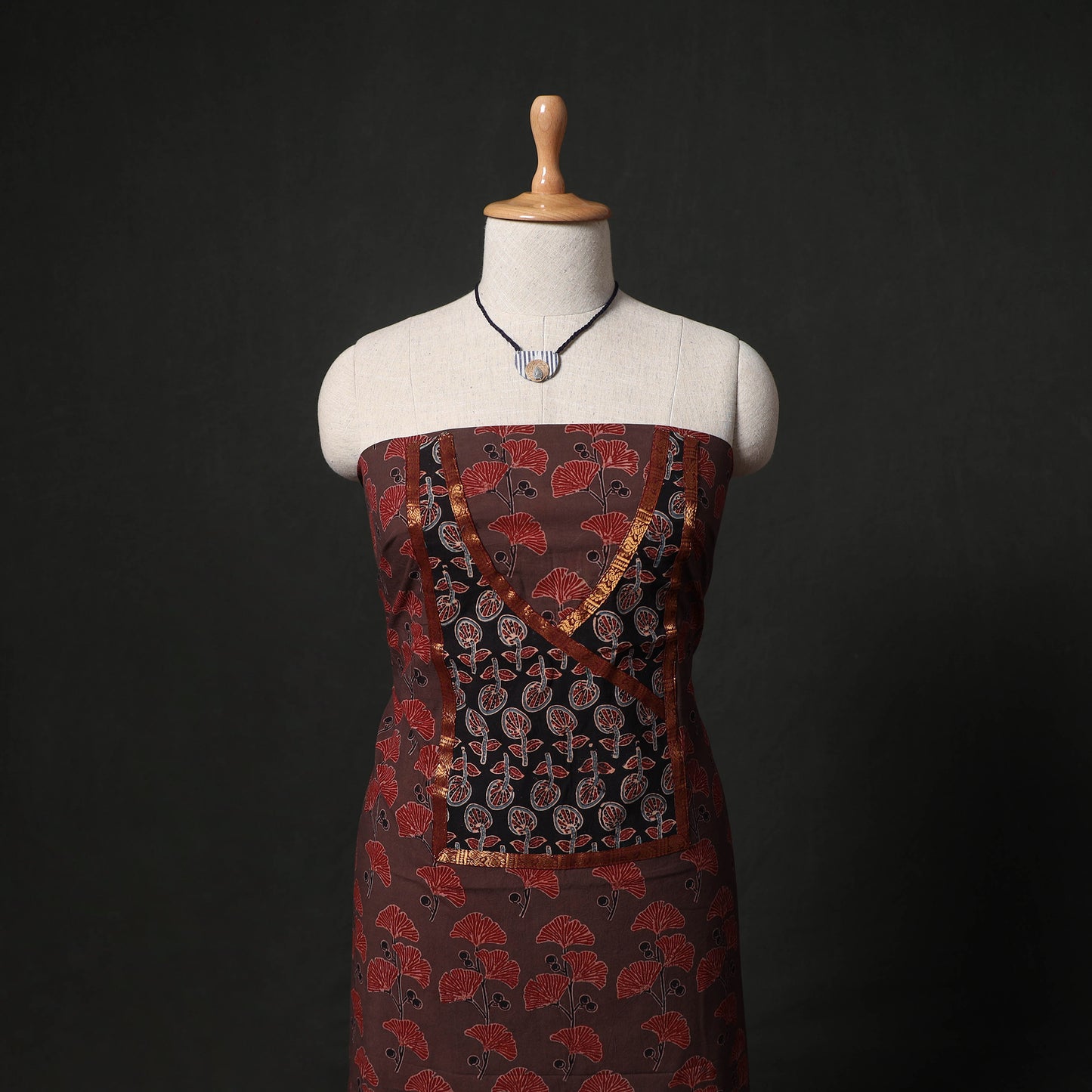 Ajrakh Hand Block Print Cotton Natural Dyed Patchwork 2pc Unstitched Dress Material Kurta Set with Jewellery 12