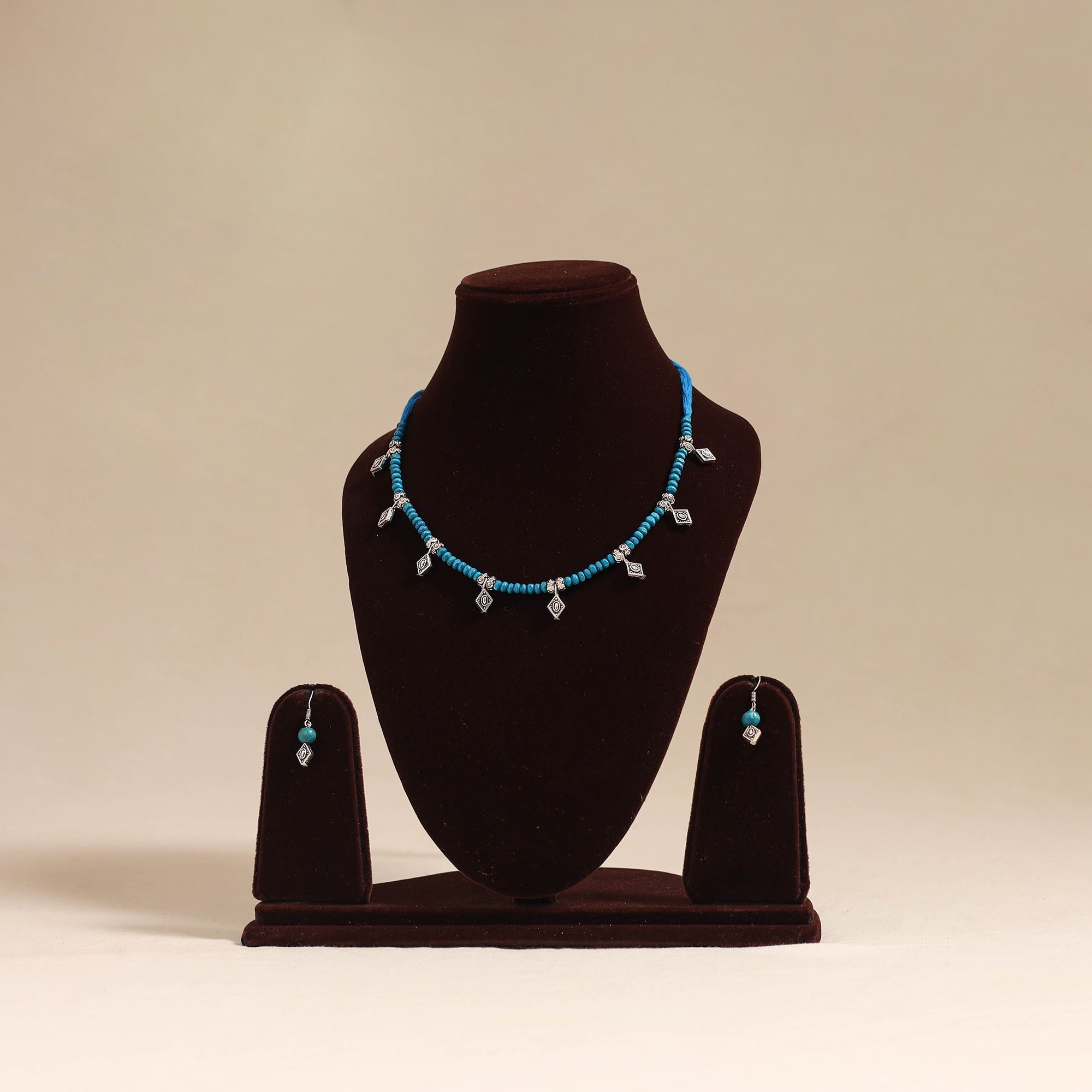 Blue - German Silver Thread Beads Necklace Set 03