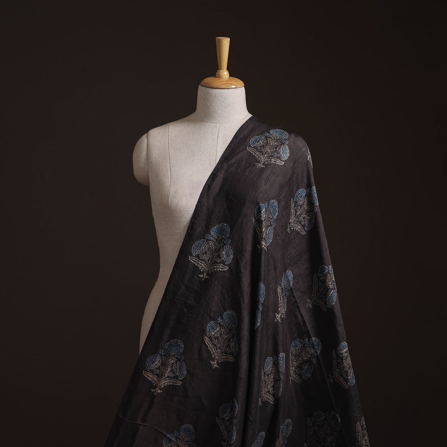 Black - Ajrakh Hand Block Print Natural Dyed Handspun Handwoven Mulberry Silk Fabric 19