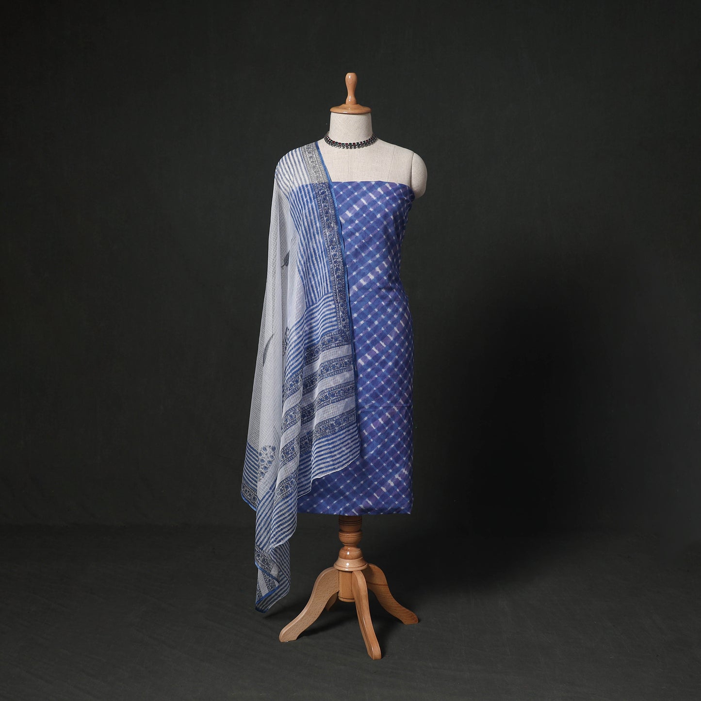 Leheriya Tie-Dye 2pc Cotton Unstitched Dress Material Kurta Set with Earrings 07