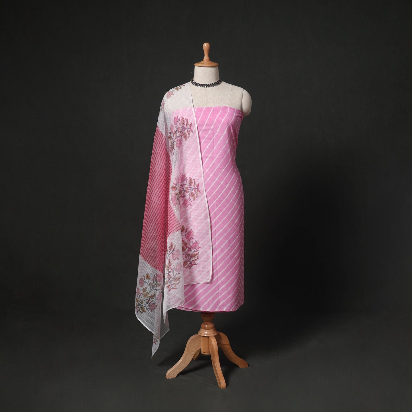 Leheriya Tie-Dye 2pc Cotton Unstitched Dress Material Kurta Set with Earrings 10