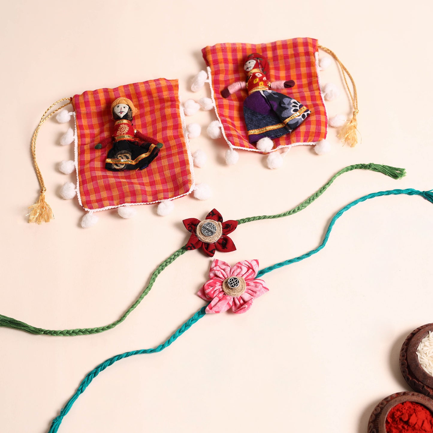 Handmade Fabric Flower Rakhi (Set of 2)