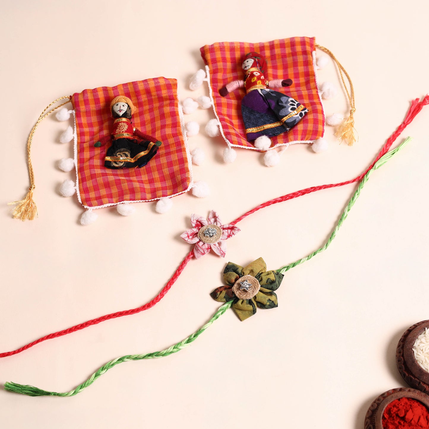 Handmade Fabric Flower Rakhi (Set of 2)