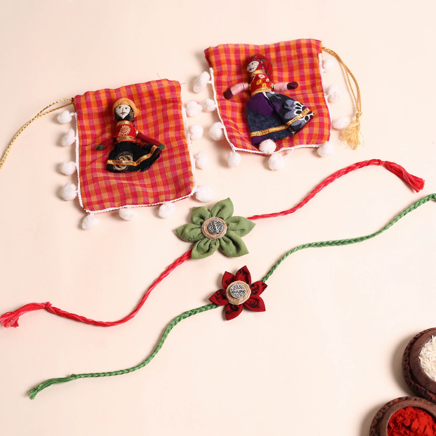 Handmade Fabric Flower Rakhi (Set of 2)