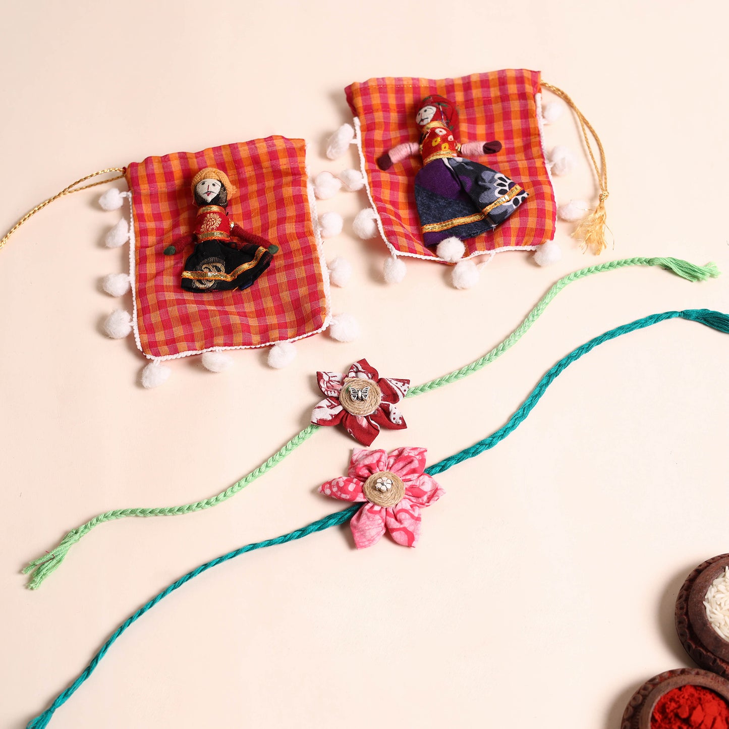 Handmade Fabric Flower Rakhi (Set of 2)