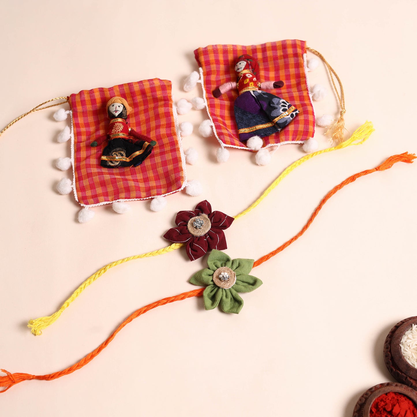 Handmade Fabric Flower Rakhi (Set of 2)