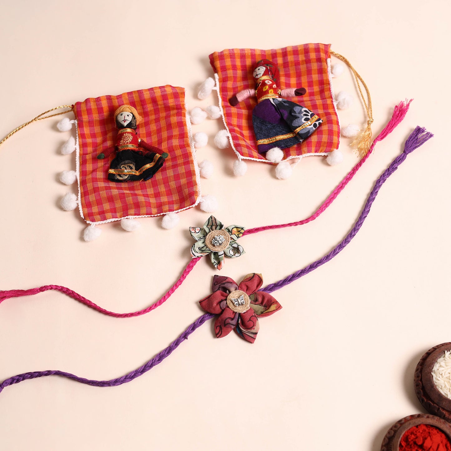 Handmade Fabric Flower Rakhi (Set of 2)