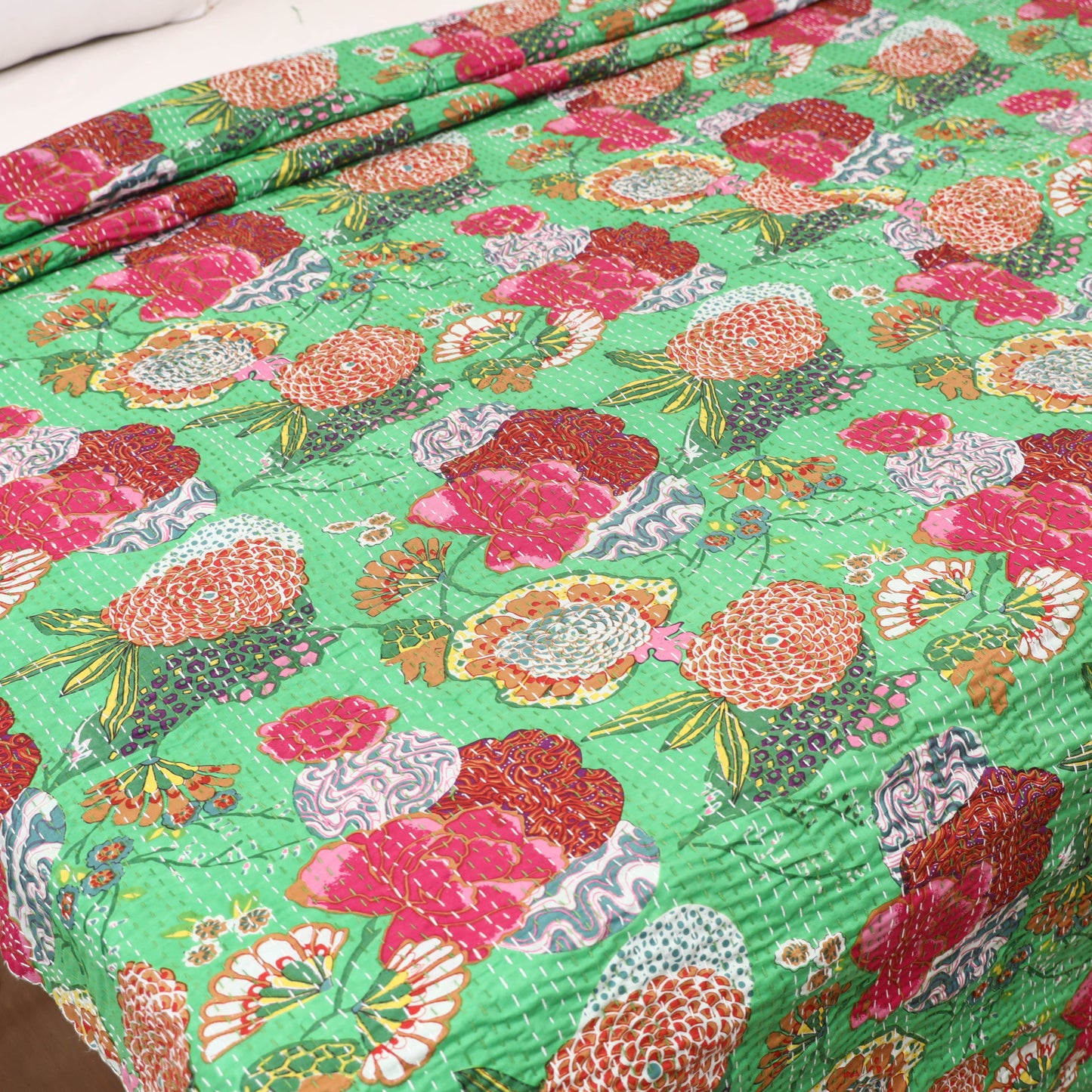 Green - Jaipur Print Tagai Work Double Bedsheet (108 x 90 in) 02