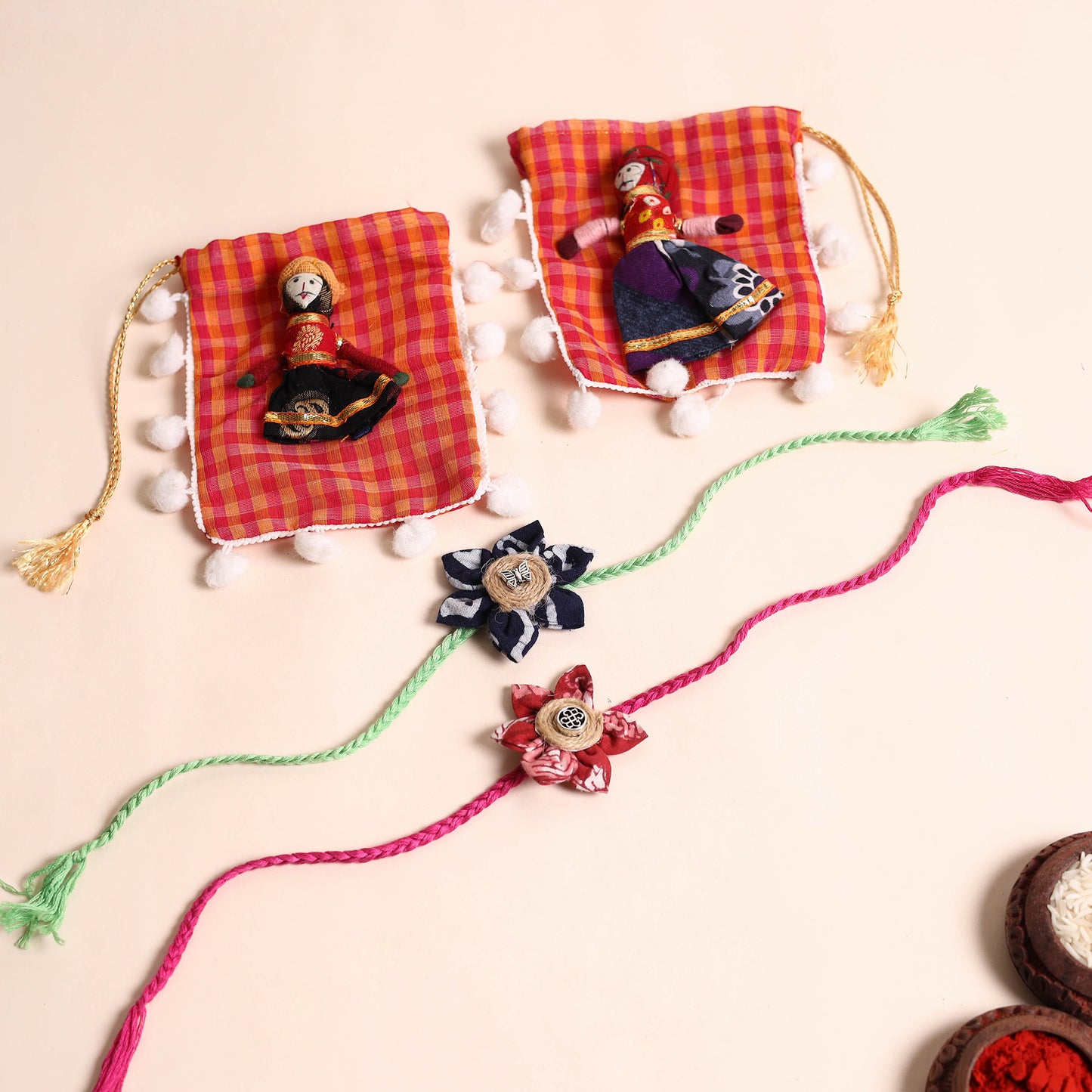 Handmade Fabric Flower Rakhi (Set of 2)