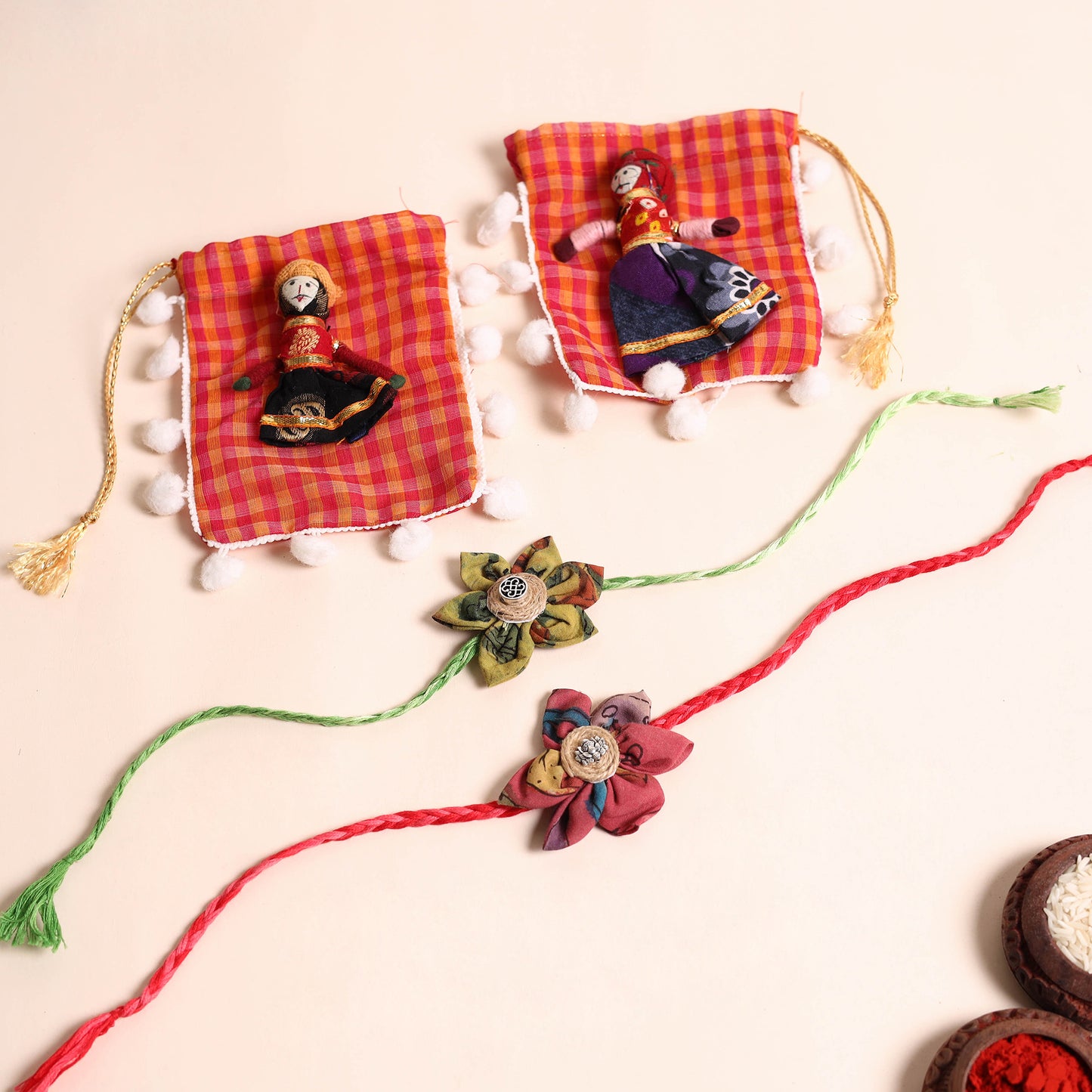 Handmade Fabric Flower Rakhi (Set of 2)