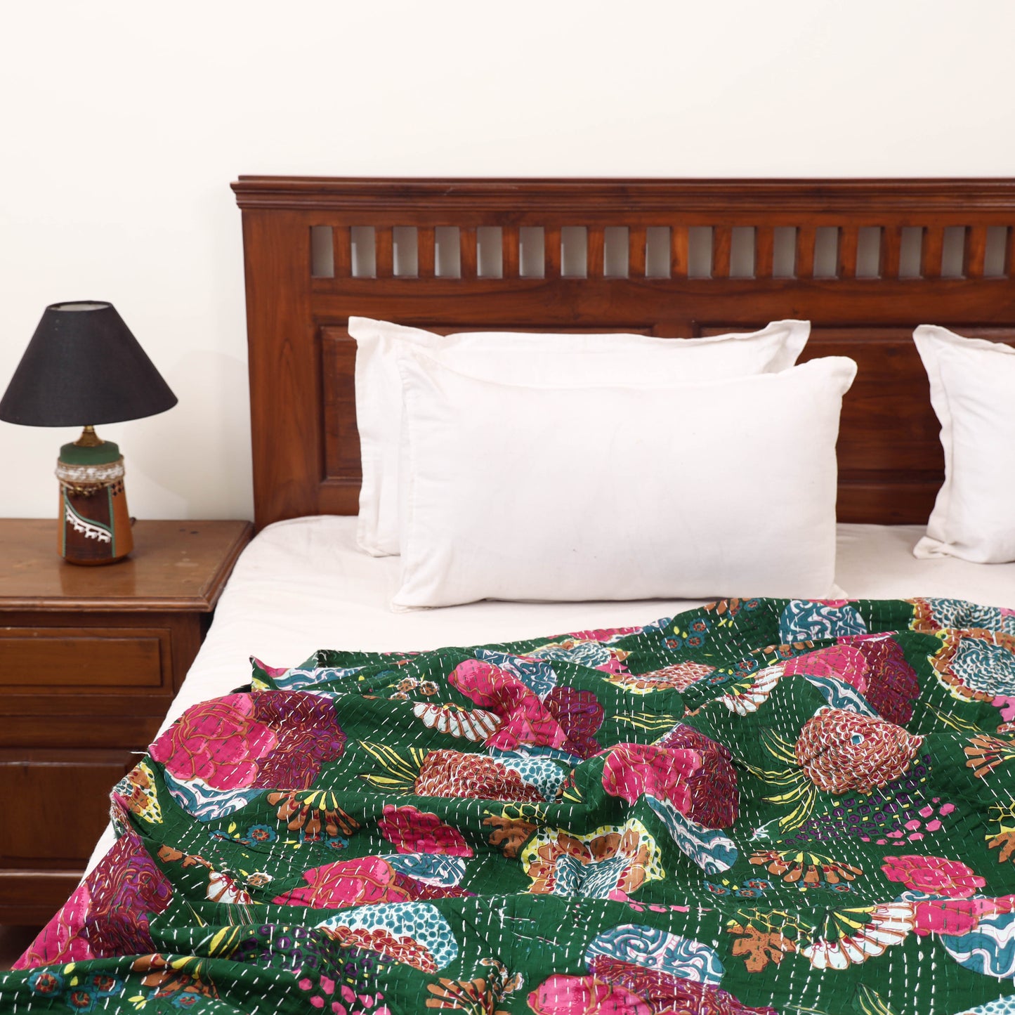 Green - Jaipur Print Tagai Work Double Bedsheet (108 x 90 in) 03