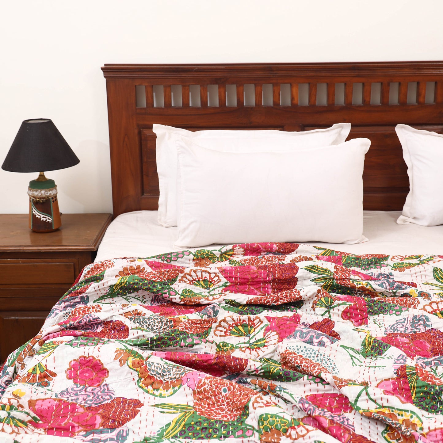 White - Jaipur Print Tagai Work Double Bedsheet (108 x 90 in) 07