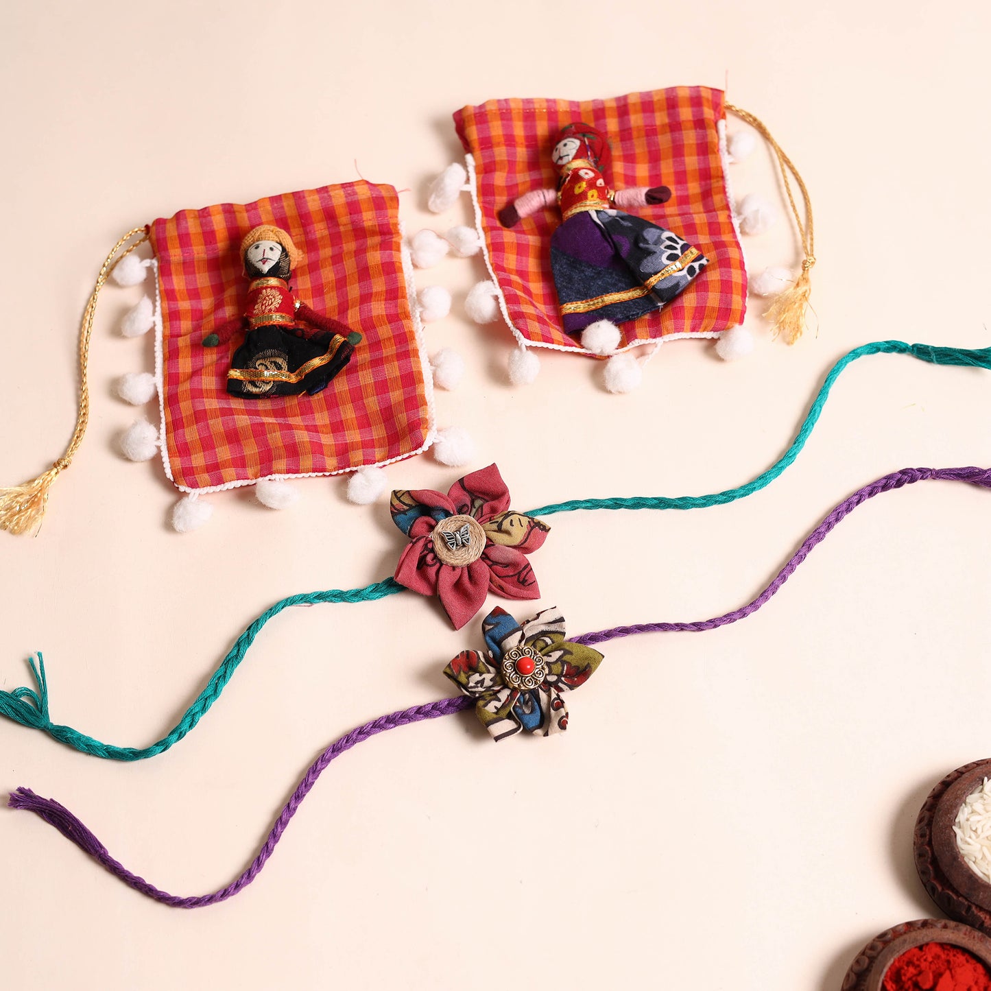 Handmade Fabric Flower Rakhi (Set of 2)