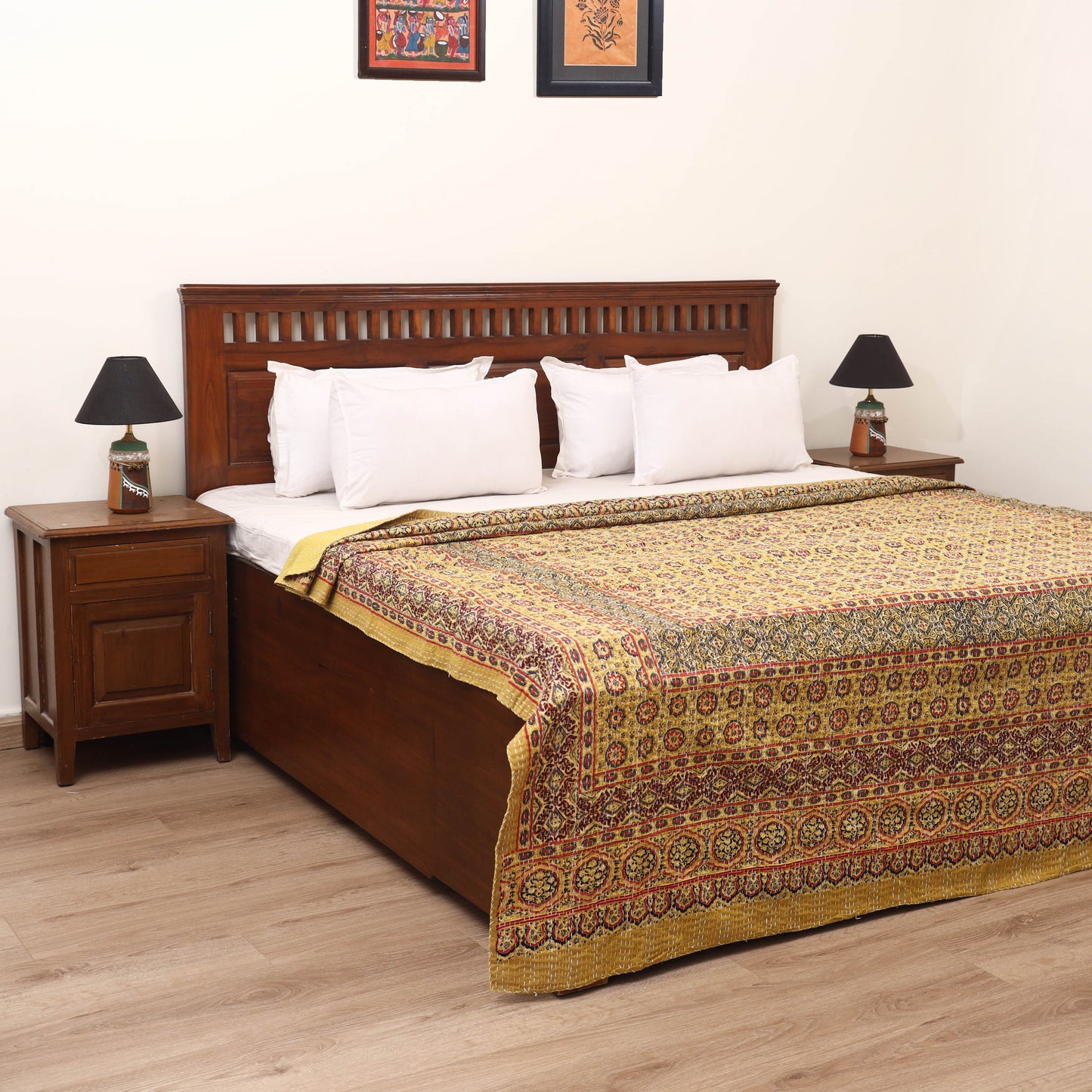 Yellow - Ajrakh Hand Block Print Tagai Work Double Bedsheet (108 x 90 in) 13
