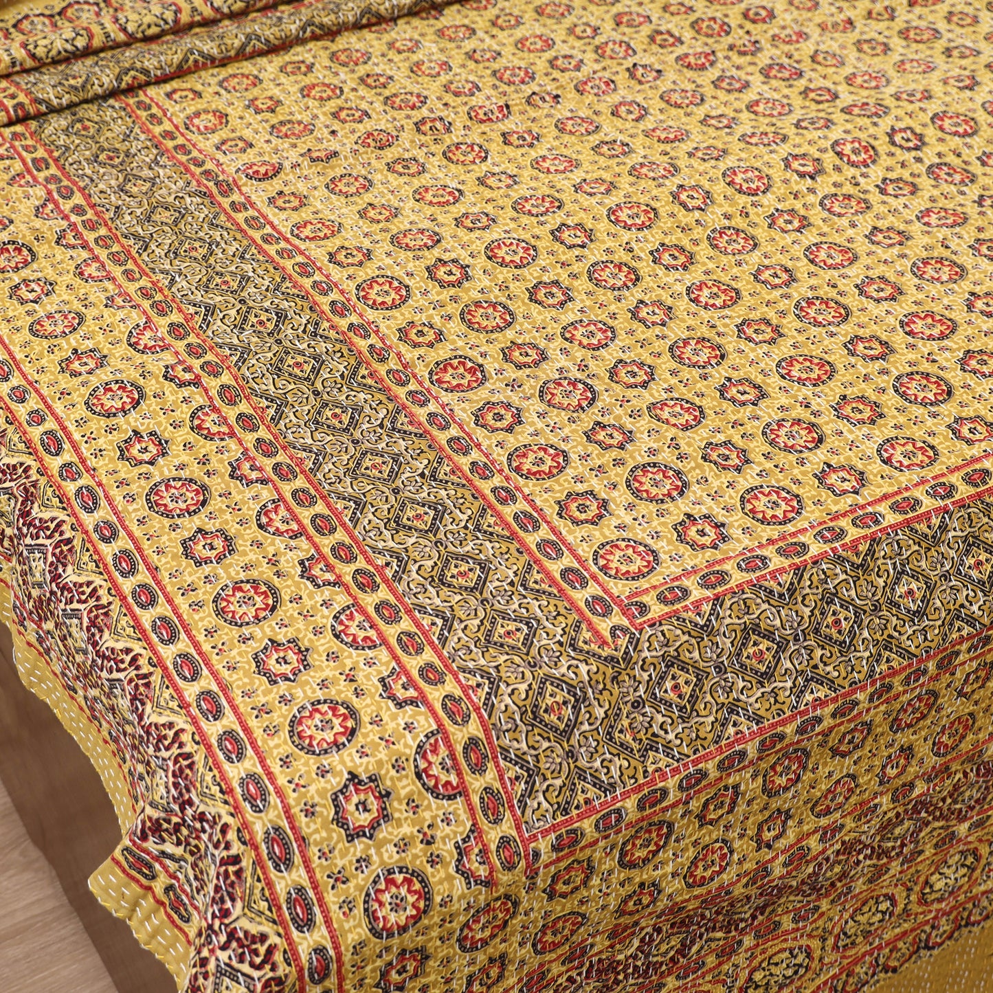 Yellow - Ajrakh Hand Block Print Tagai Work Double Bedsheet (108 x 90 in) 13