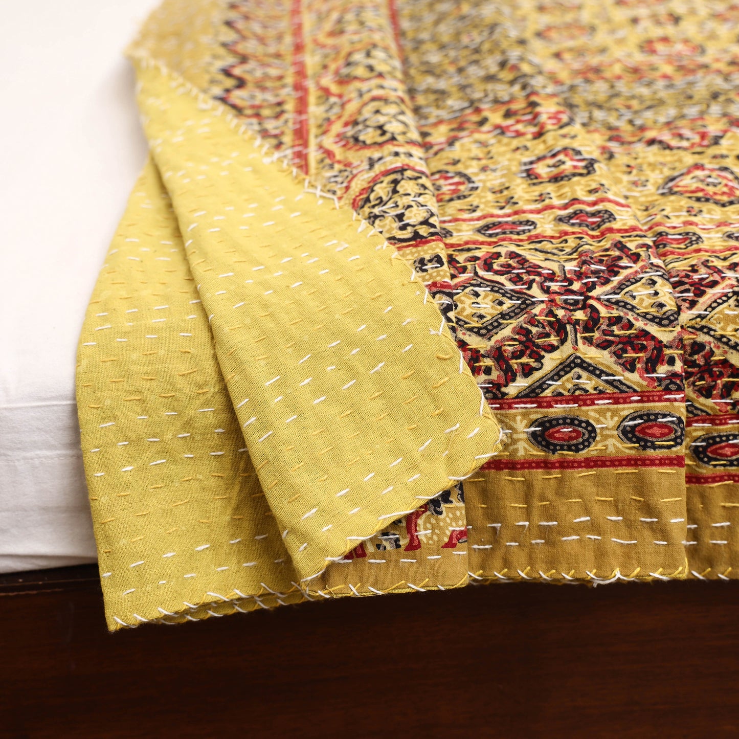Yellow - Ajrakh Hand Block Print Tagai Work Double Bedsheet (108 x 90 in) 13