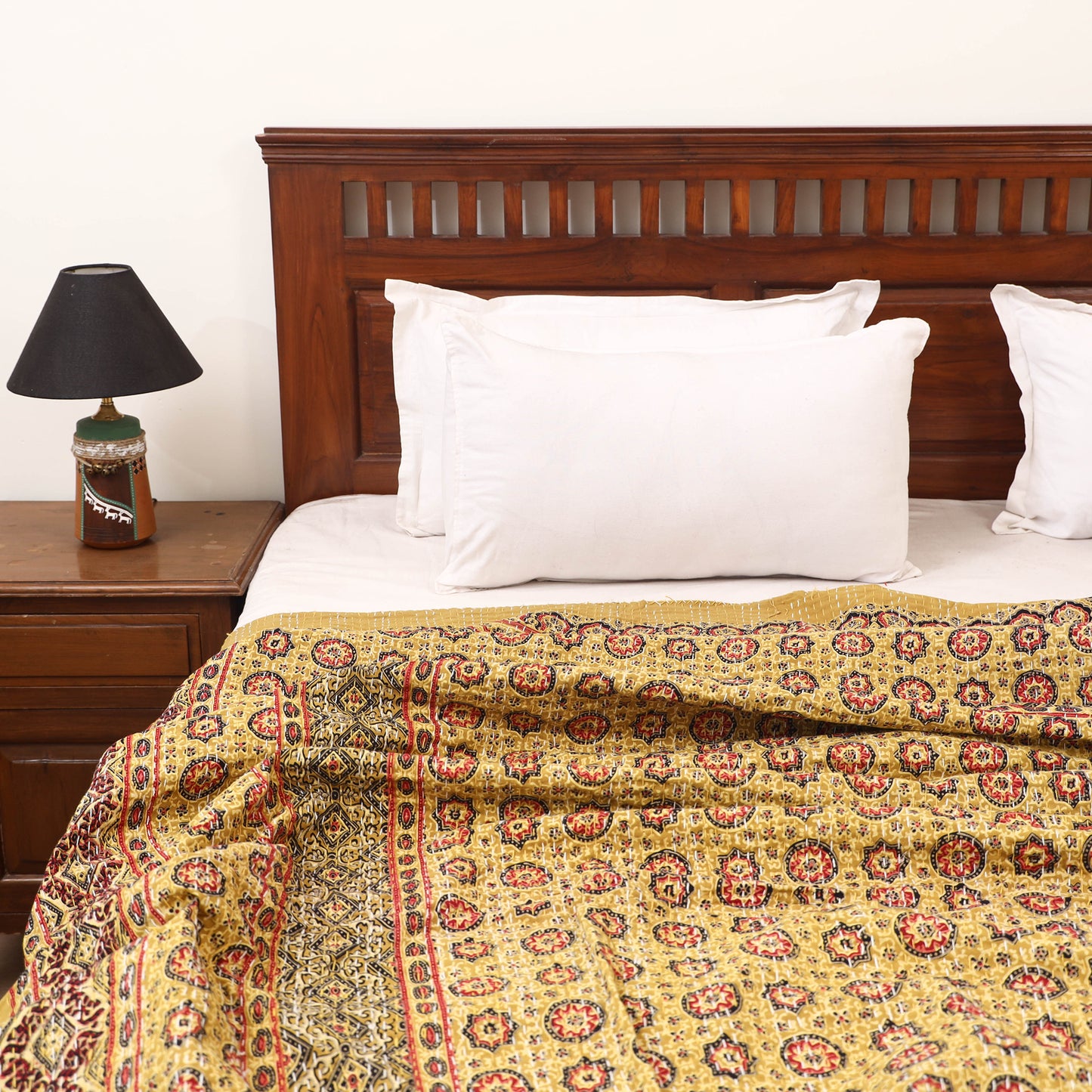 Yellow - Ajrakh Hand Block Print Tagai Work Double Bedsheet (108 x 90 in) 13
