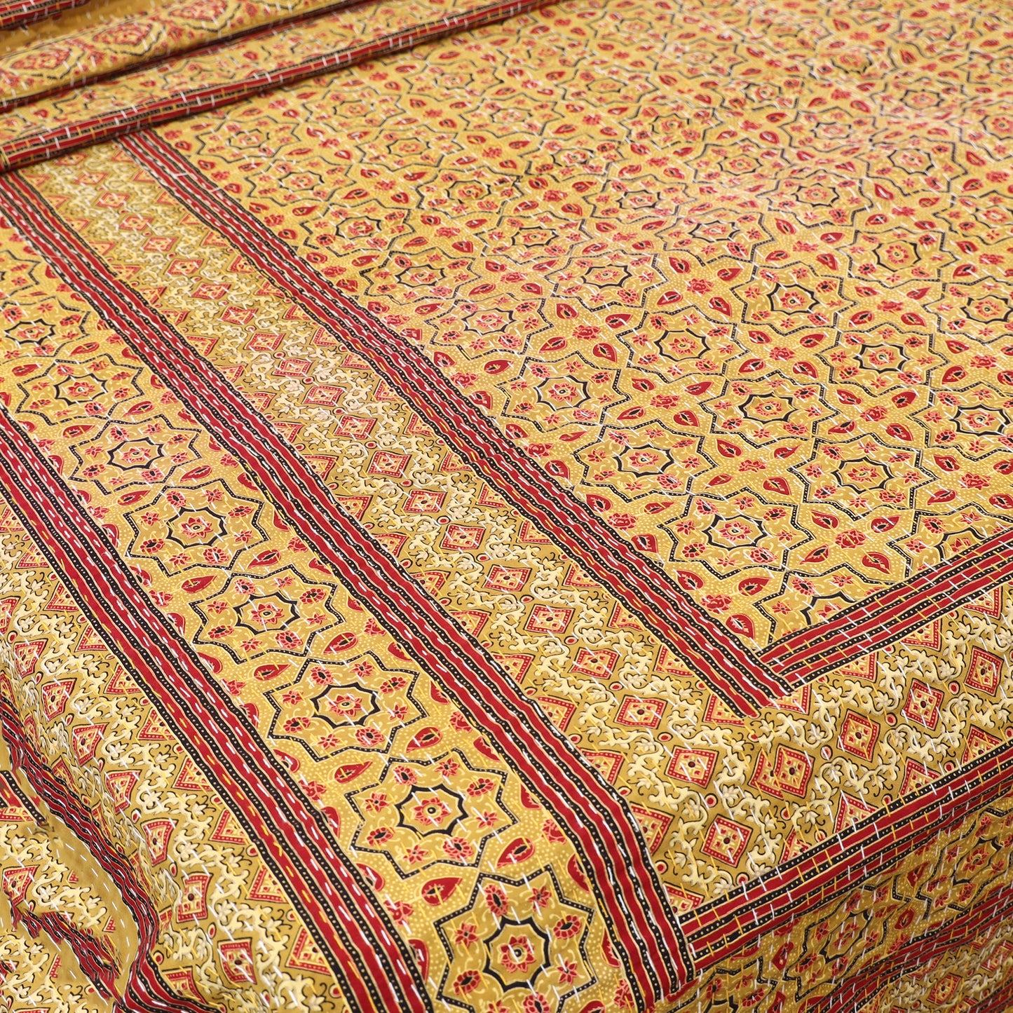 Yellow - Ajrakh Hand Block Print Tagai Work Double Bedsheet (108 x 90 in) 14