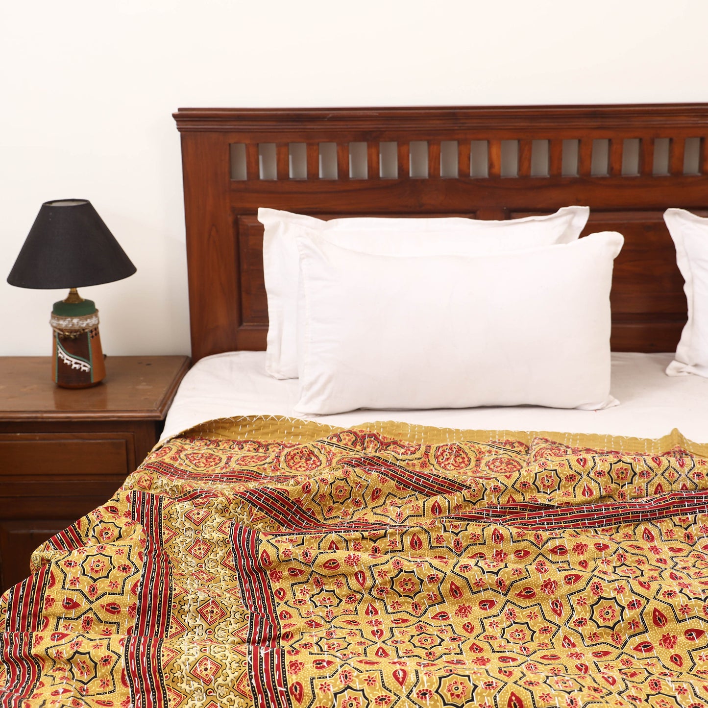 Yellow - Ajrakh Hand Block Print Tagai Work Double Bedsheet (108 x 90 in) 14