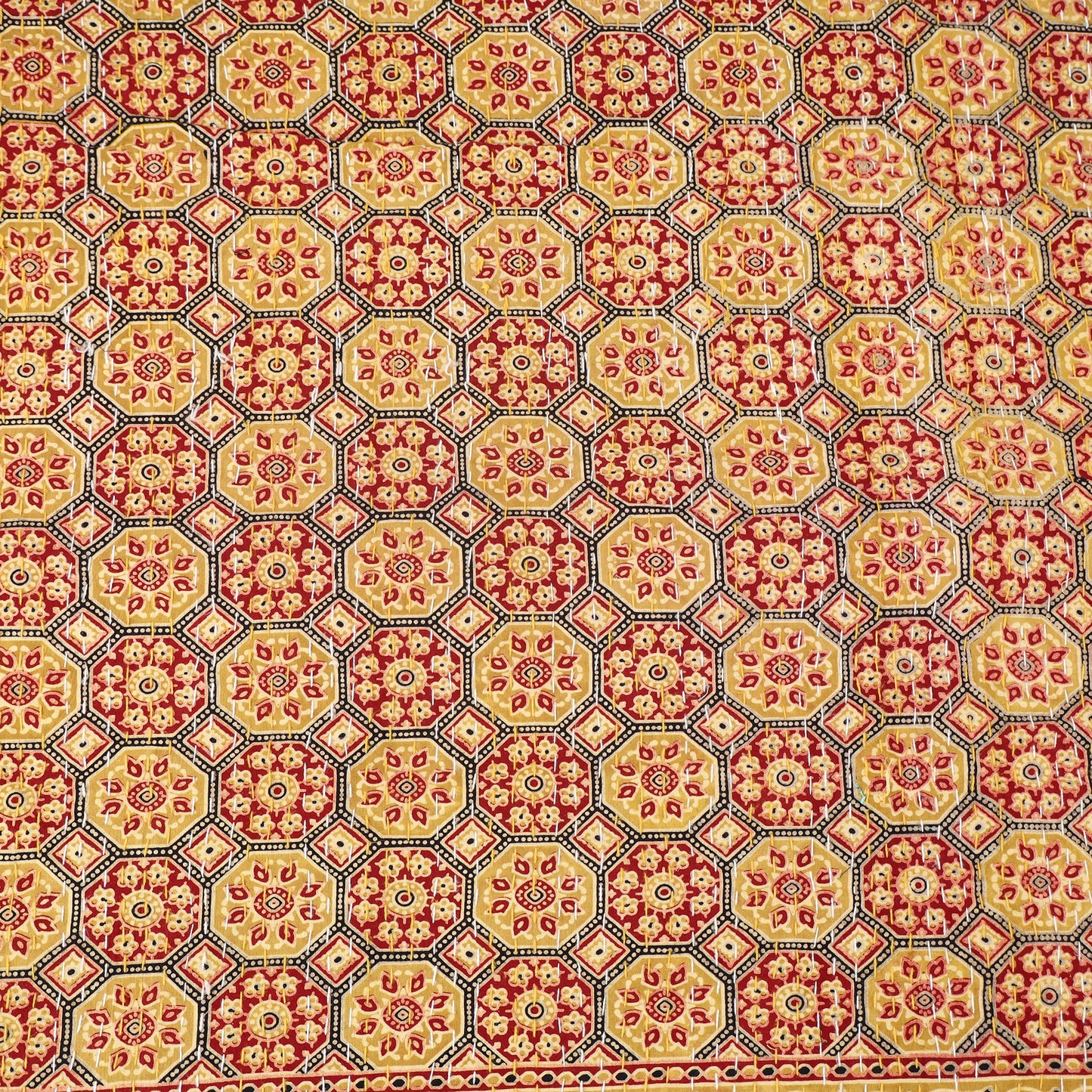 Yellow - Ajrakh Hand Block Print Tagai Work Double Bedsheet (108 x 90 in) 15