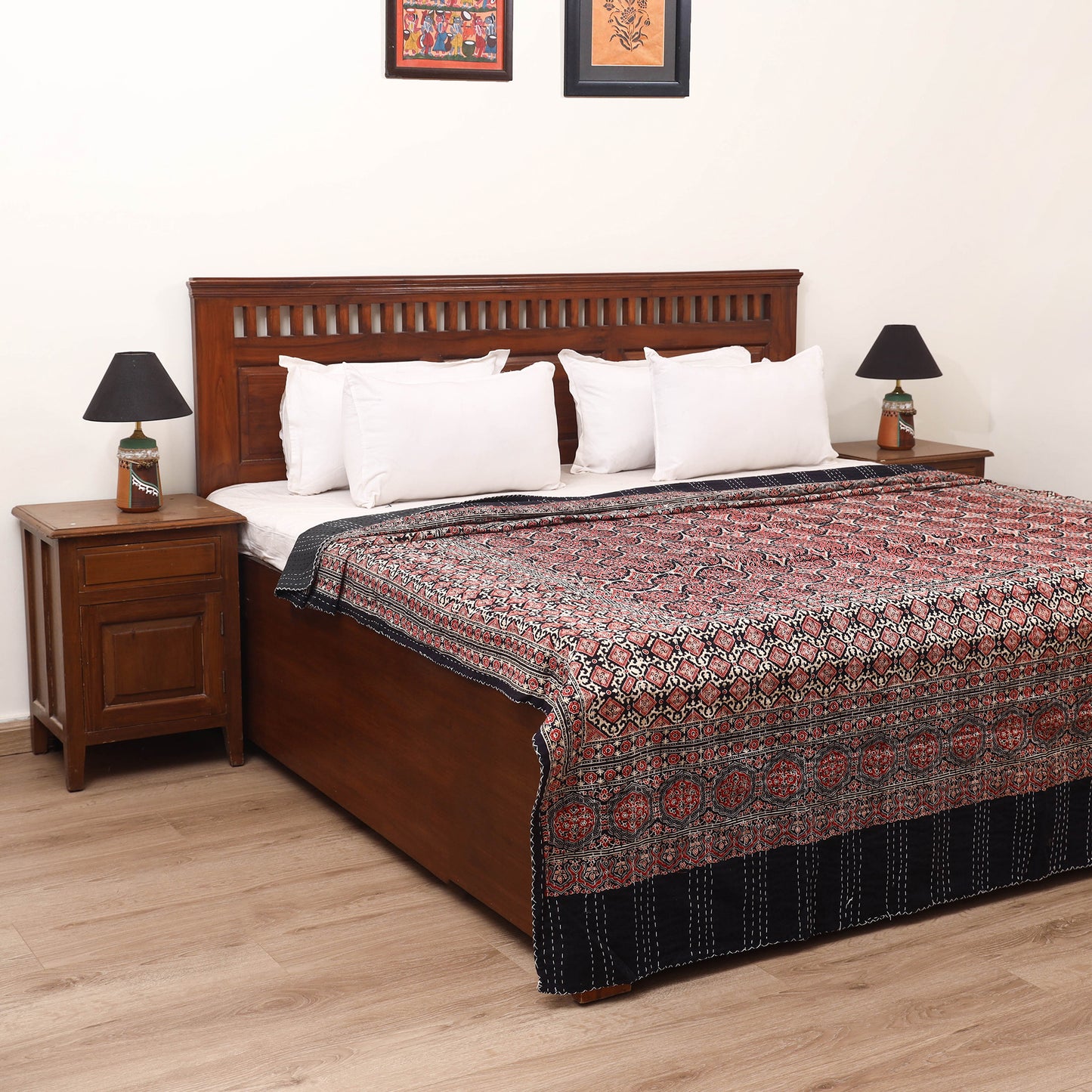 Ajrakh Hand Block Print Tagai Work Double Bedsheet (108 x 90 in) 18