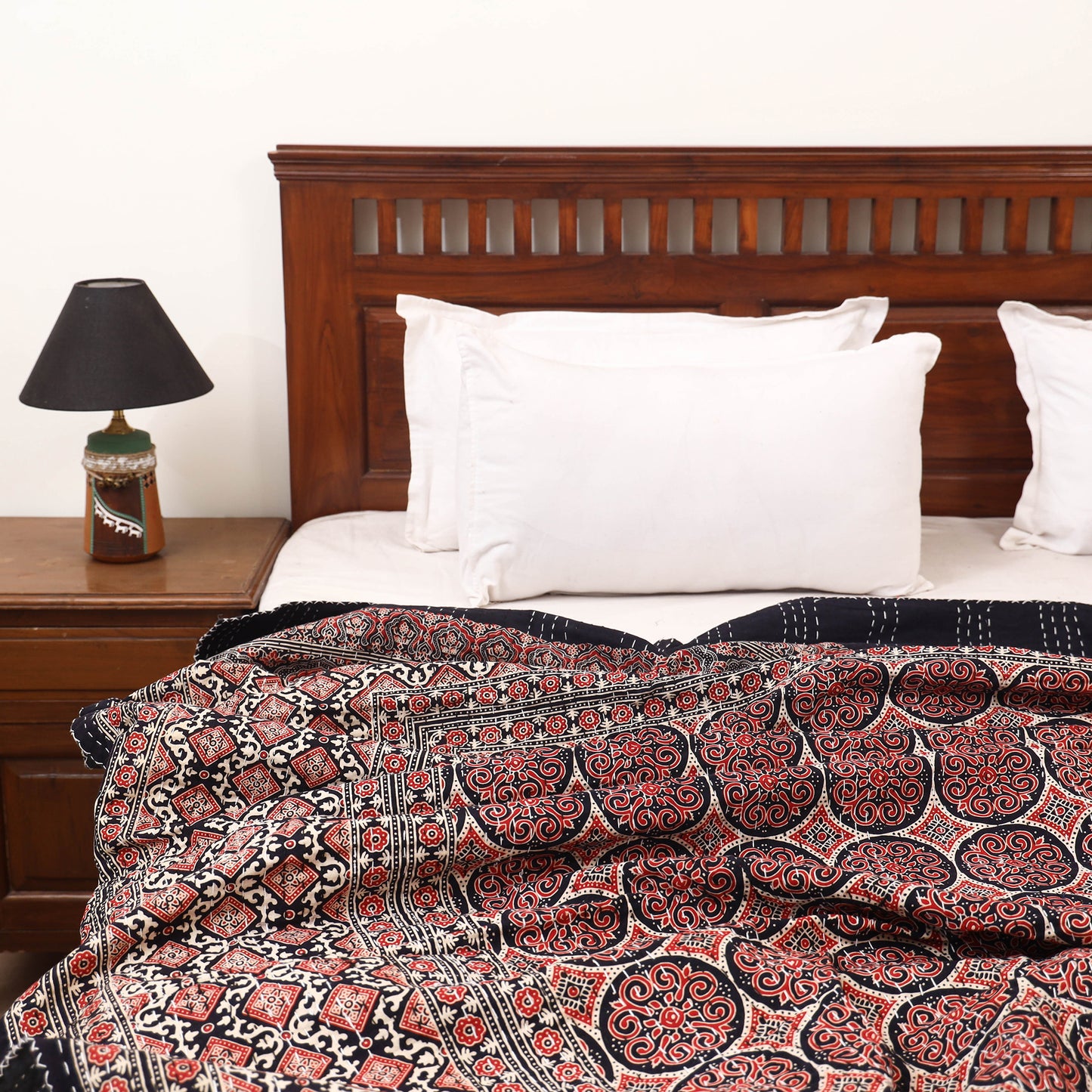 Ajrakh Hand Block Print Tagai Work Double Bedsheet (108 x 90 in) 18