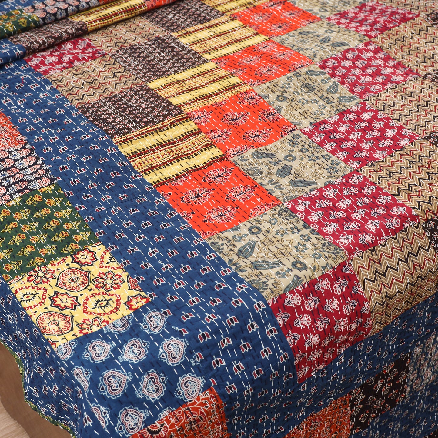 Multicolor - Ajrakh Hand Block Print Patchwork Tagai Work Double Bedsheet (108 x 90 in) 21