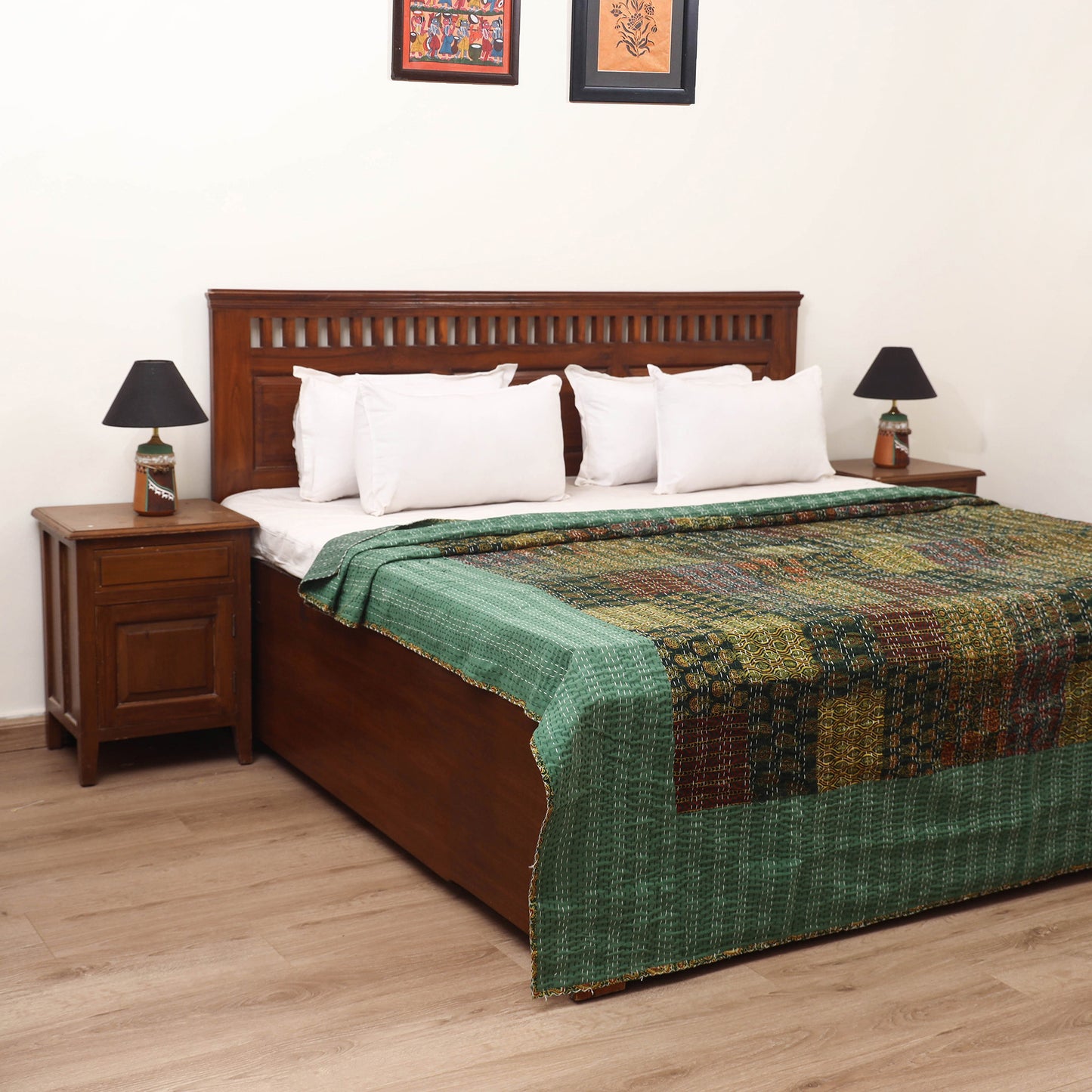 Green - Ajrakh Hand Block Print Patchwork Tagai Work Double Bedsheet (108 x 90 in) 22