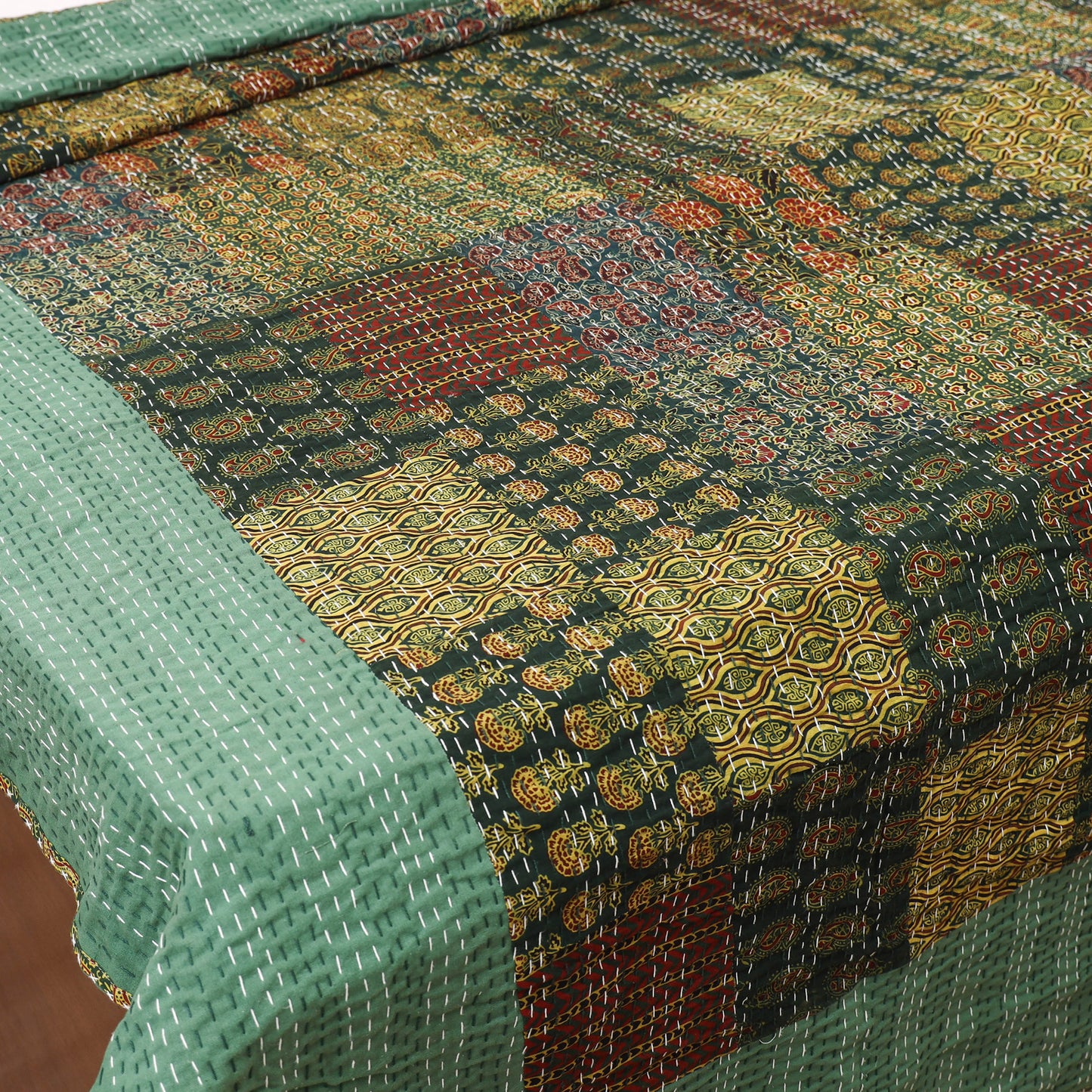 Green - Ajrakh Hand Block Print Patchwork Tagai Work Double Bedsheet (108 x 90 in) 22
