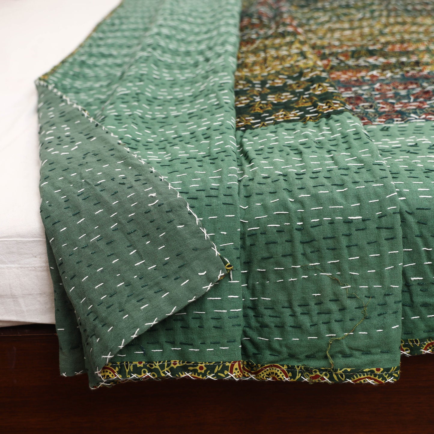 Green - Ajrakh Hand Block Print Patchwork Tagai Work Double Bedsheet (108 x 90 in) 22