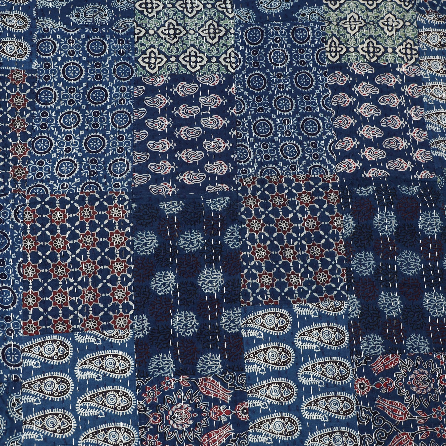 Blue - Ajrakh Hand Block Print Patchwork Tagai Work Double Bedsheet (108 x 90 in) 23
