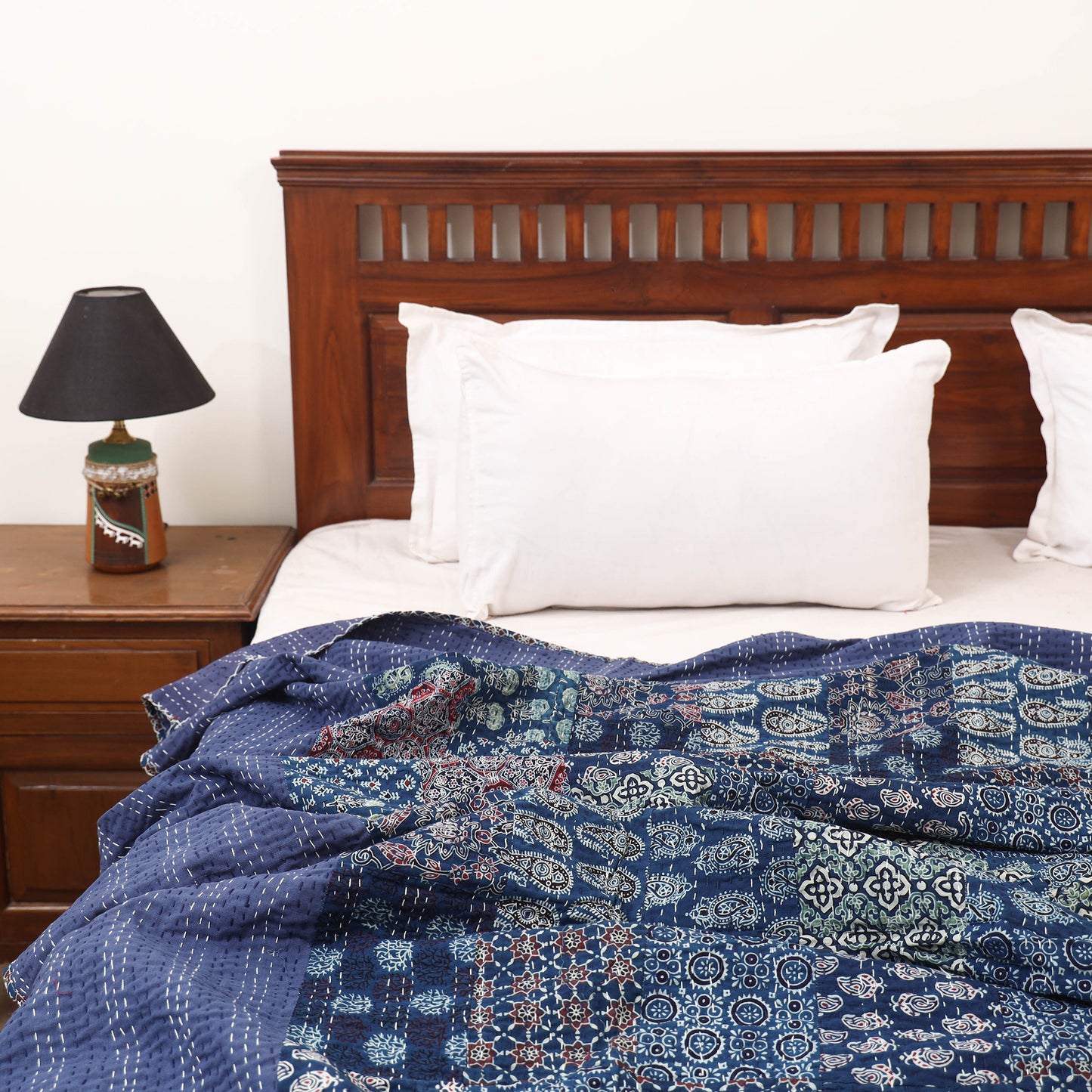 Blue - Ajrakh Hand Block Print Patchwork Tagai Work Double Bedsheet (108 x 90 in) 23