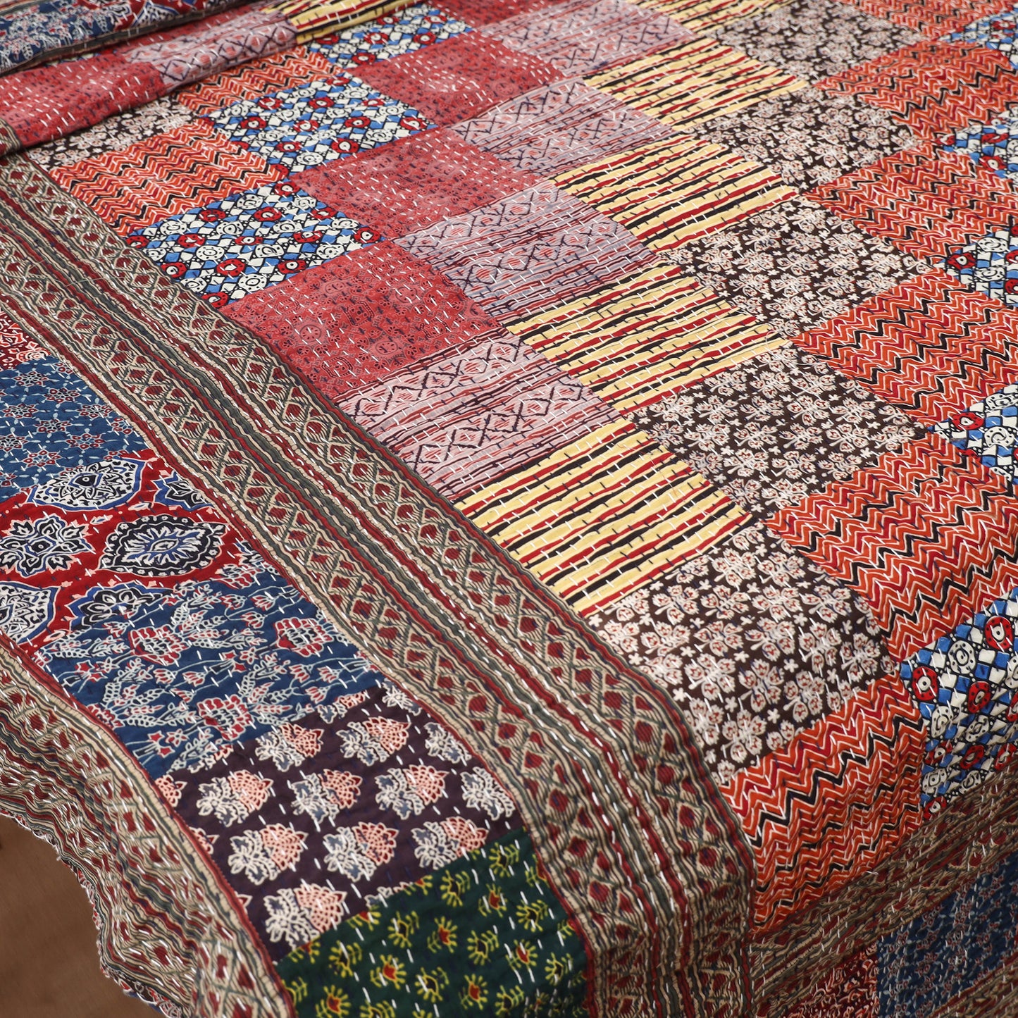 Multicolor - Ajrakh Hand Block Print Patchwork Tagai Work Double Bedsheet (108 x 90 in) 24