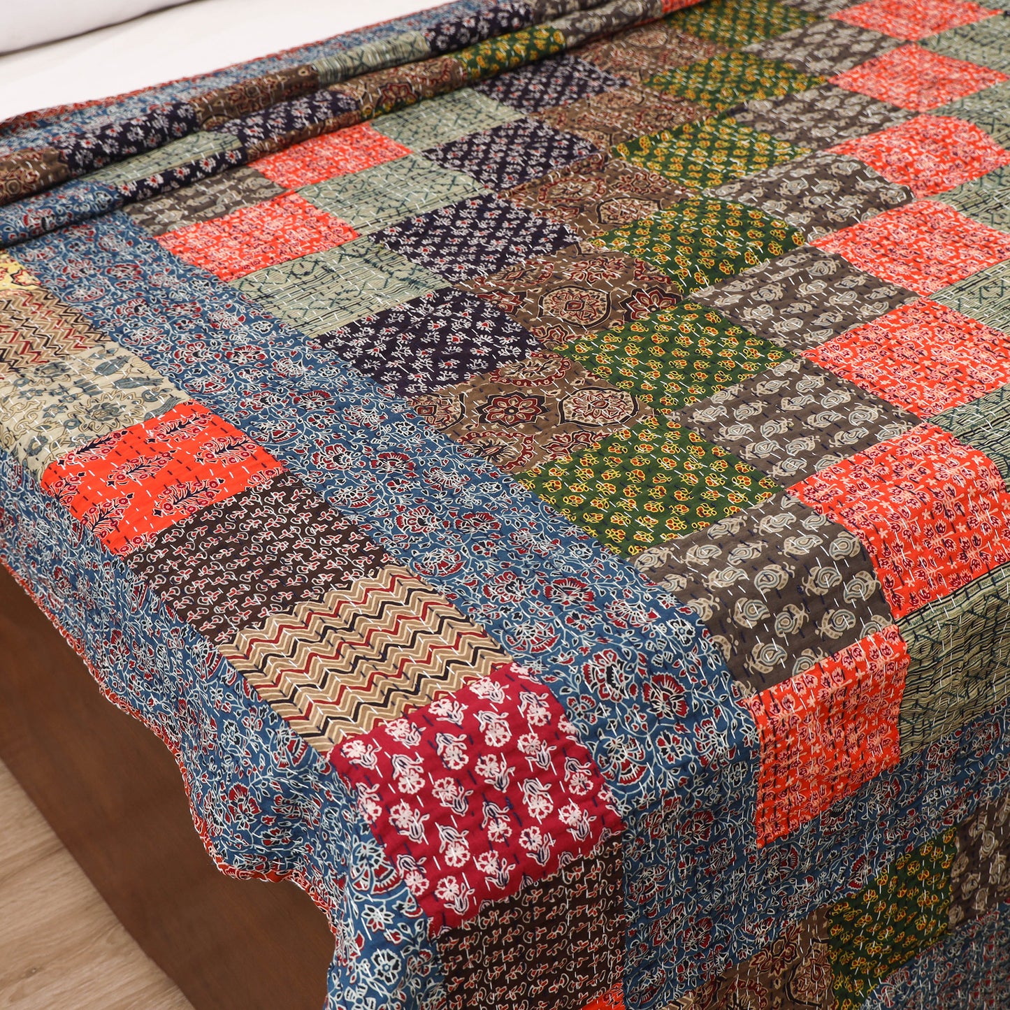 Ajrakh Hand Block Print Patchwork Tagai Work Double Bedsheet (108 x 90 in) 25