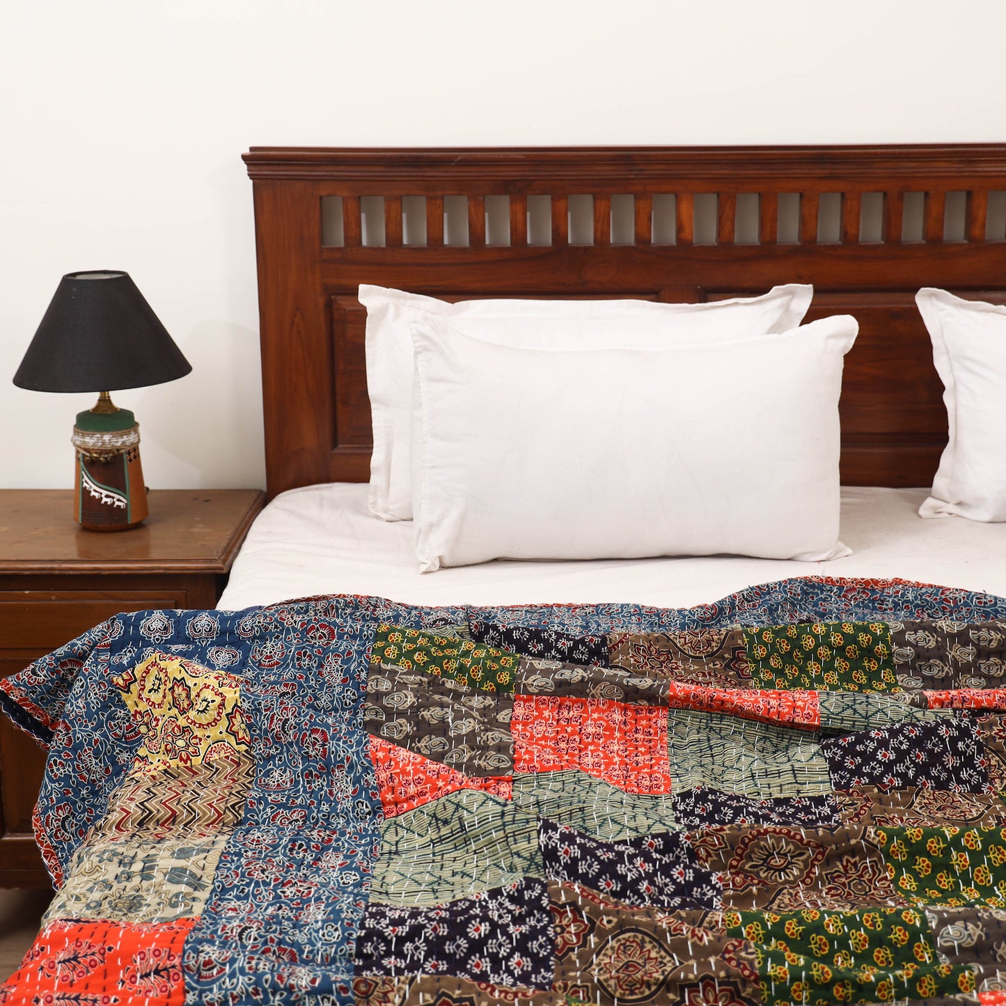 Ajrakh Hand Block Print Patchwork Tagai Work Double Bedsheet (108 x 90 in) 25