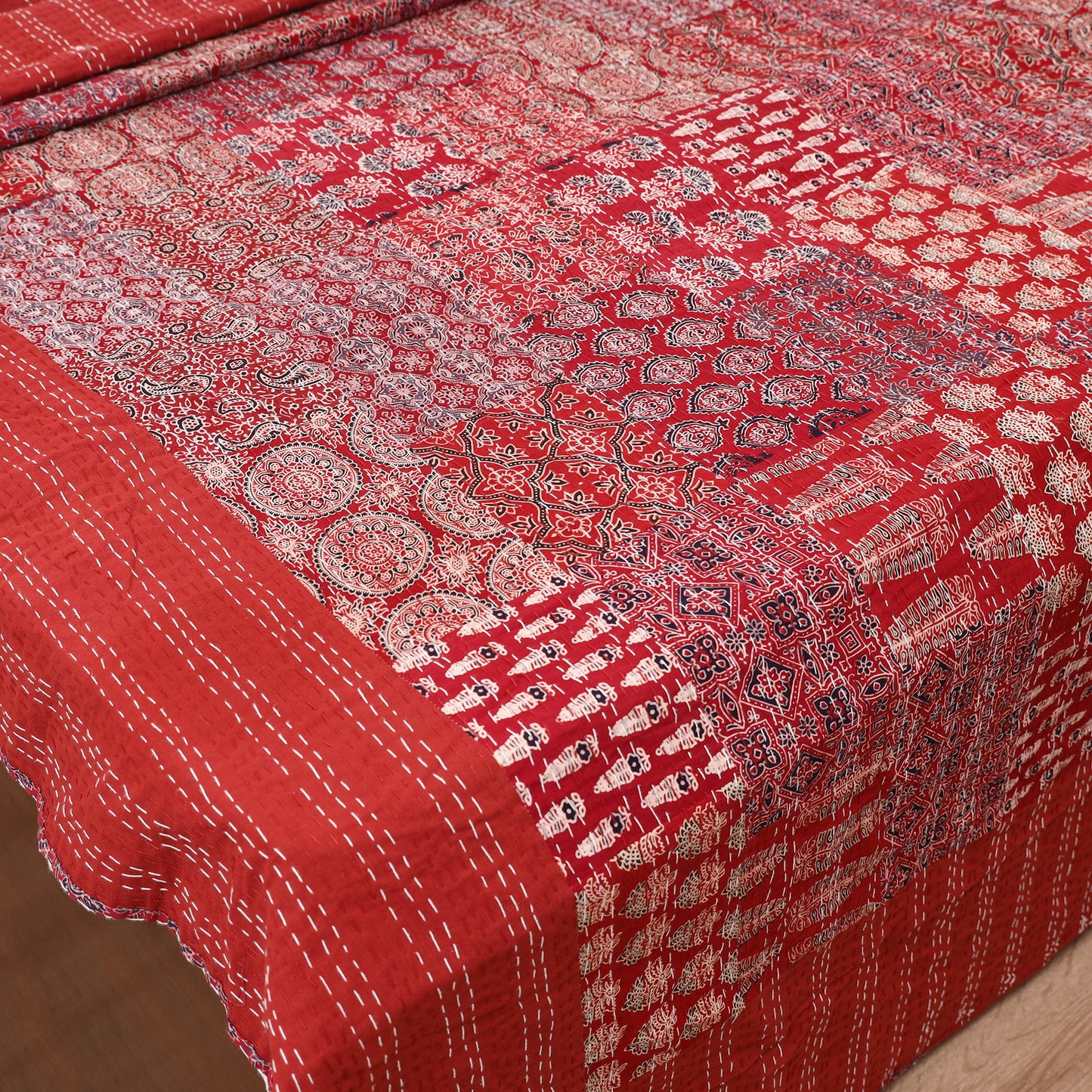 Ajrakh Hand Block Print Patchwork Tagai Work Double Bedsheet (108 x 90 in) 28