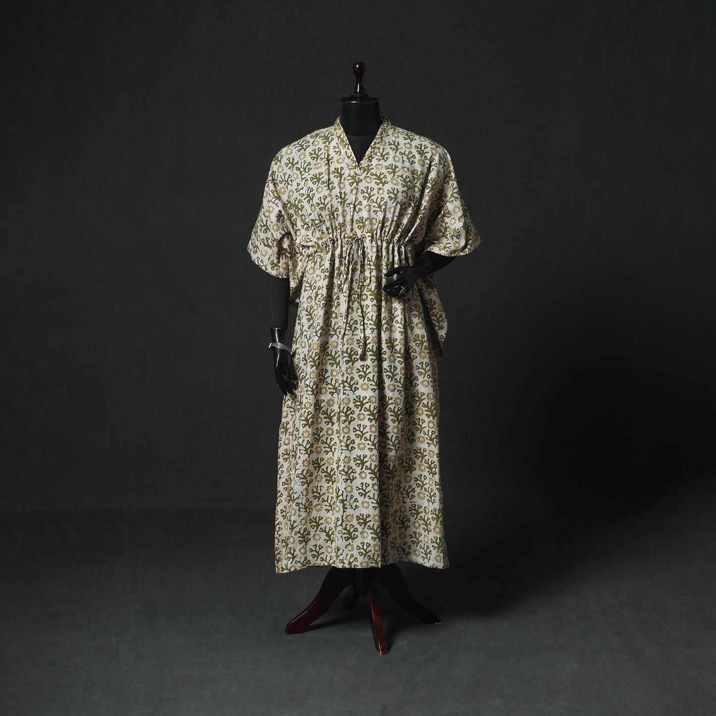 Green - Hand Block Batik Print Cotton Kaftan (Long) 04