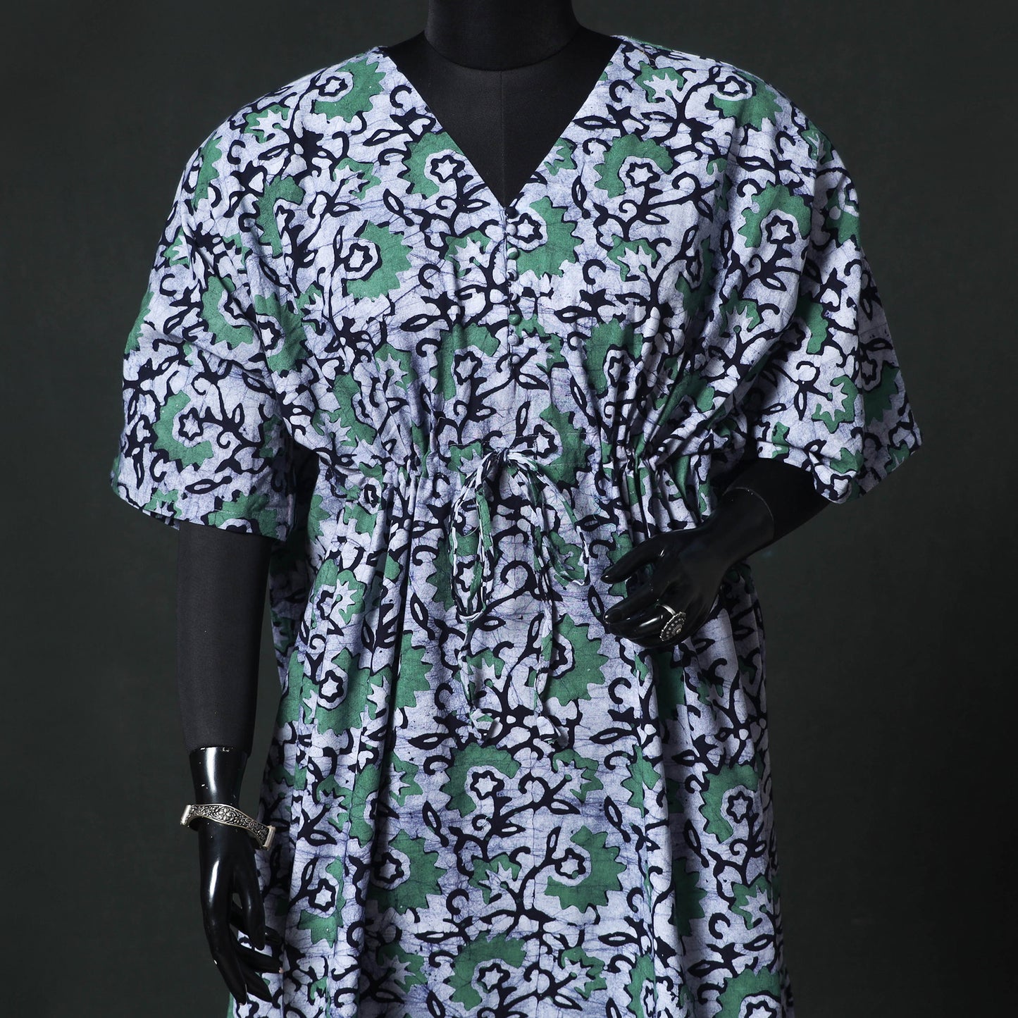 Green - Hand Block Batik Print Cotton Kaftan (Long) 12