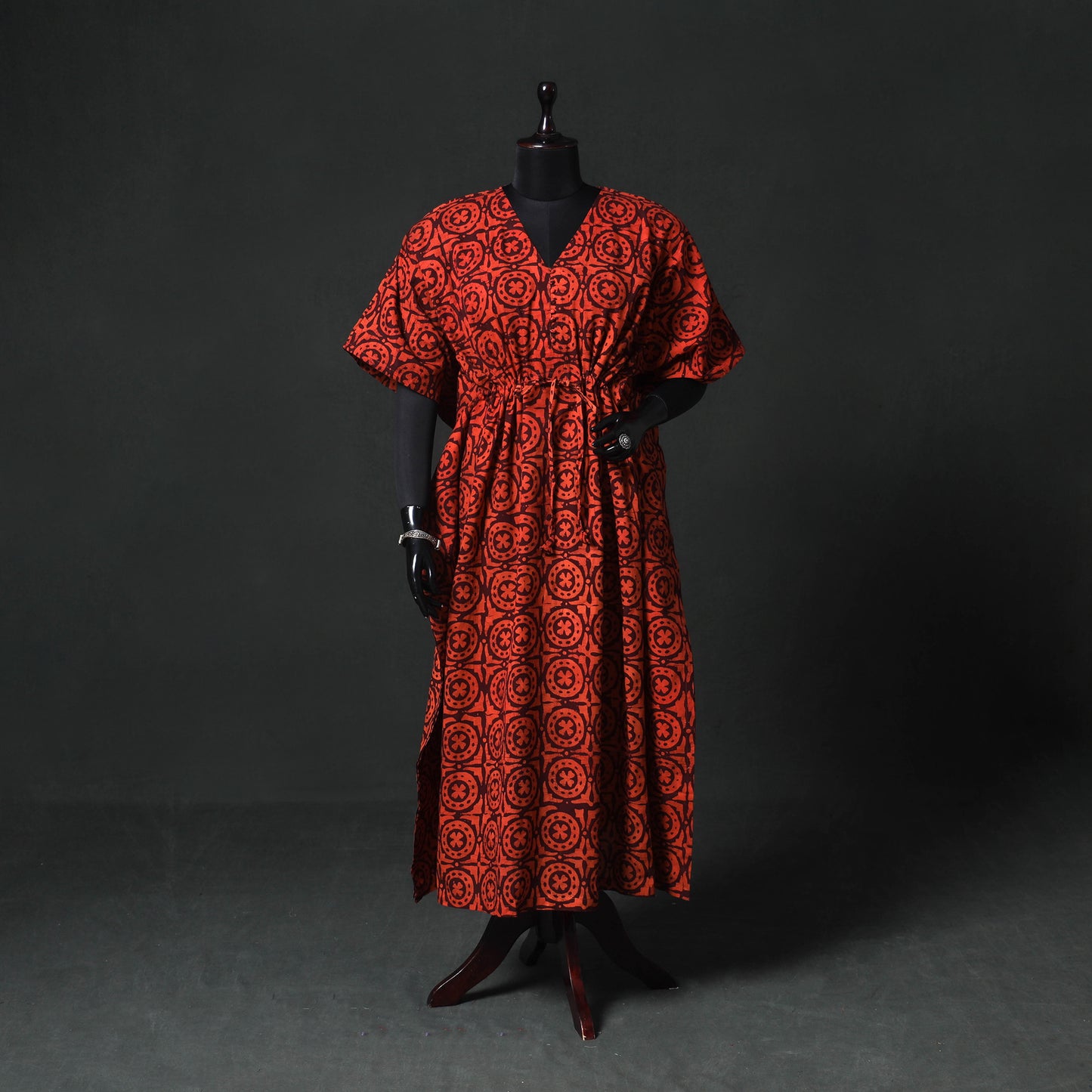 Red - Hand Block Batik Print Cotton Kaftan (Long) 14