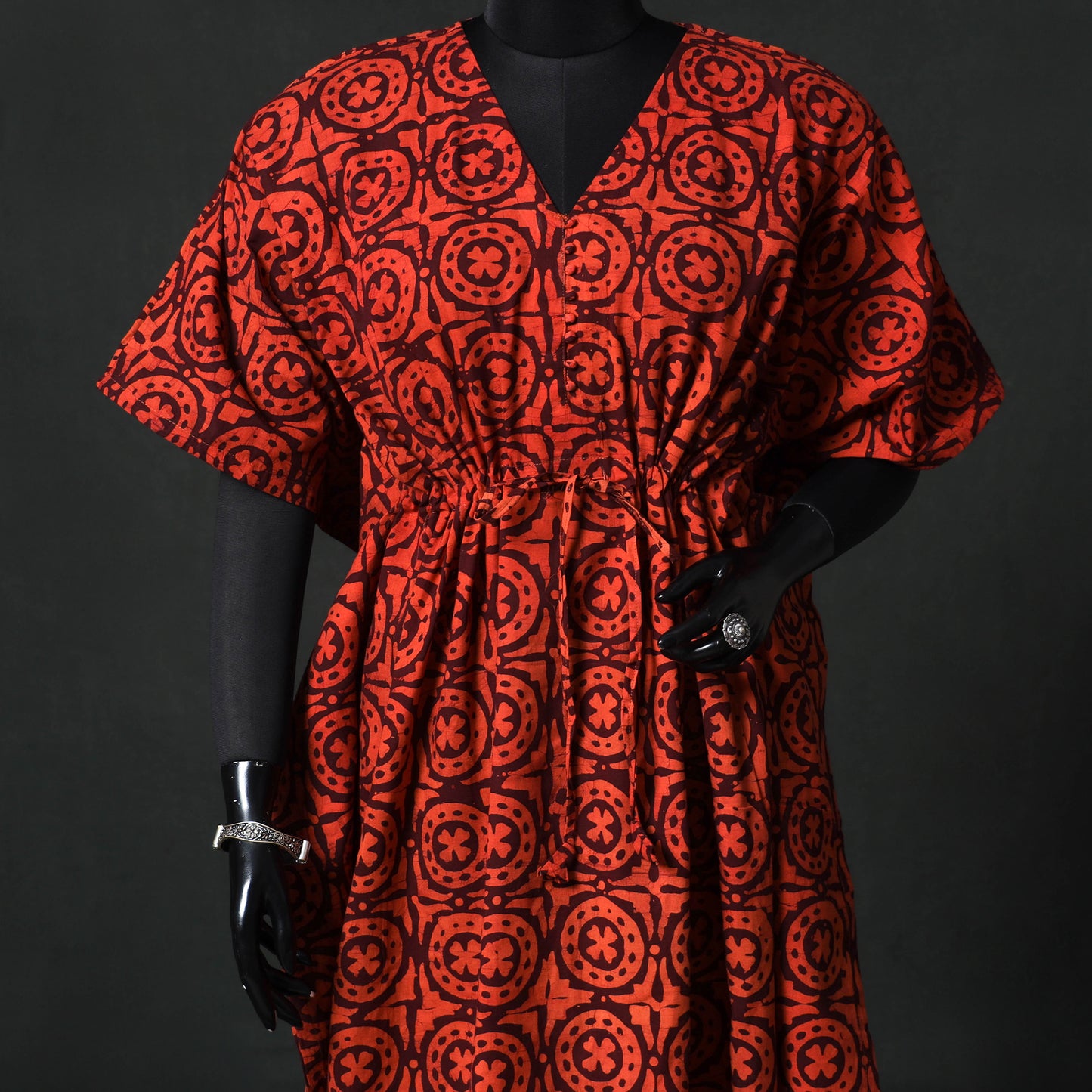 Red - Hand Block Batik Print Cotton Kaftan (Long) 14