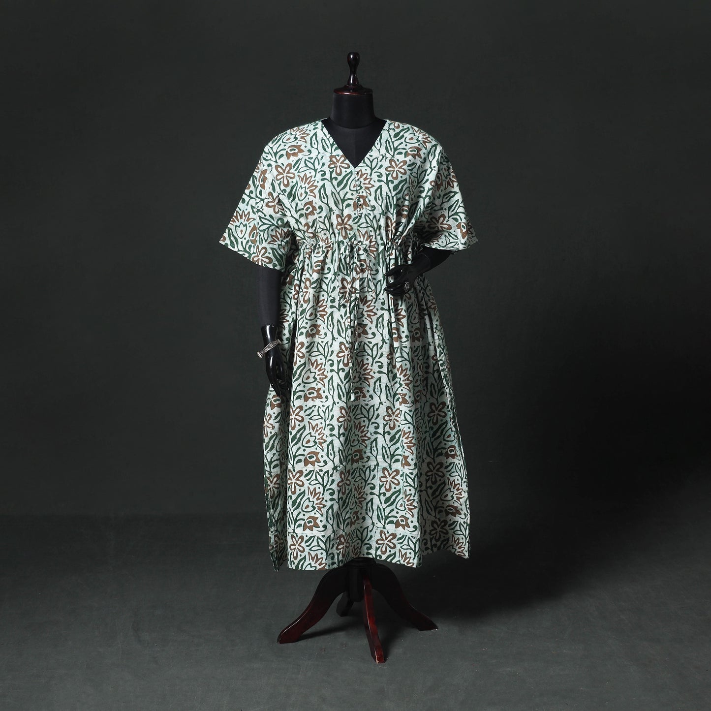 Green - Hand Block Batik Print Cotton Kaftan (Long) 17