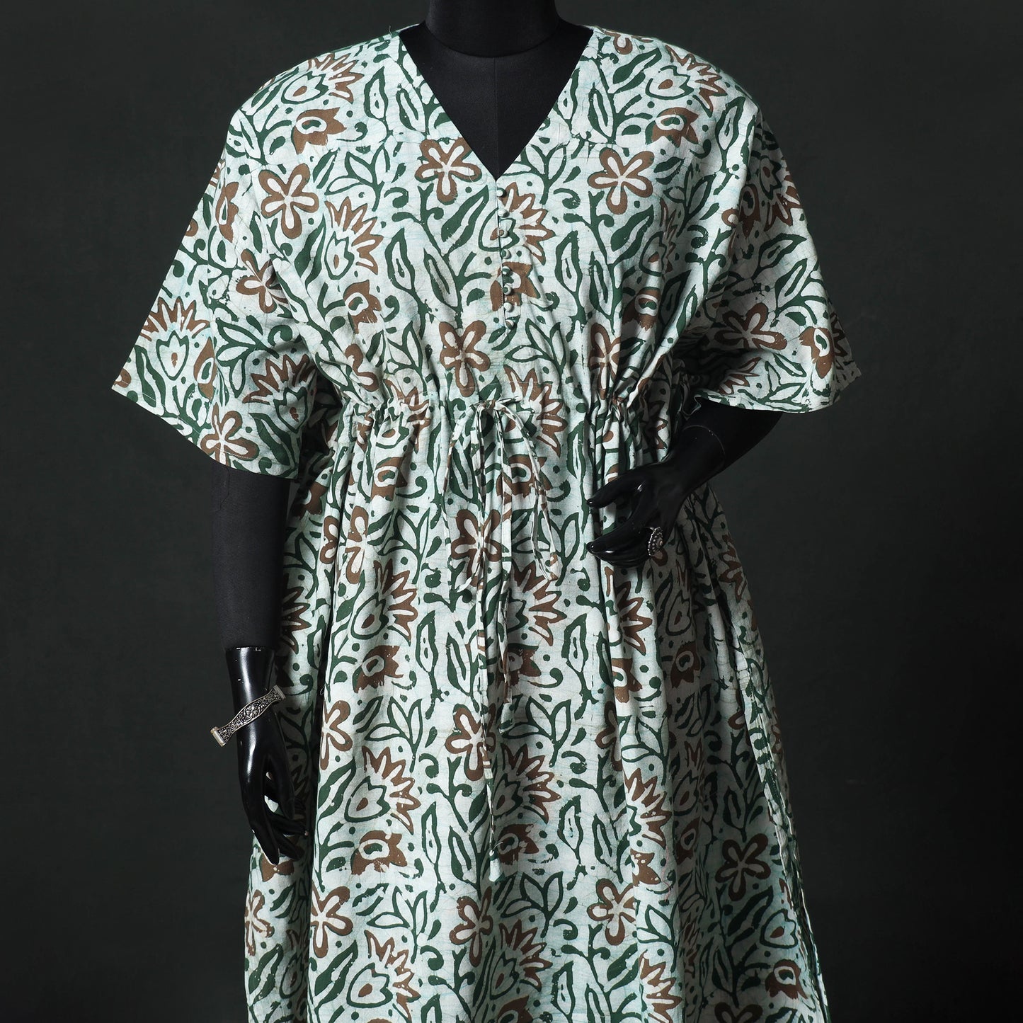 Green - Hand Block Batik Print Cotton Kaftan (Long) 17